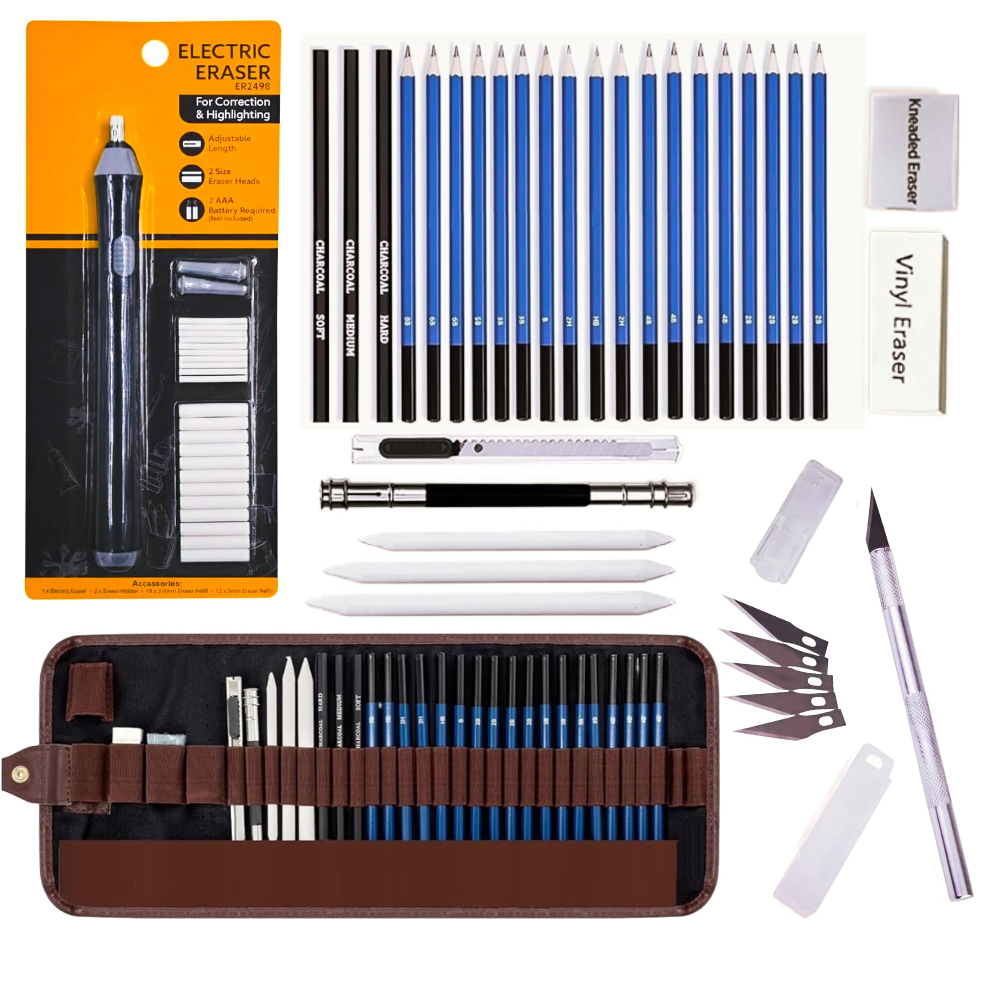 Corslet Kunststifte, 29 Stück und Gravur mit Radiergummi für Kinder, Erwachsene, Anfänger, professionelles Skizzierset, Kunst, Graphit, Kohlestift, Mischstumpf, Zeichnungs-Set, Schattierungsstifte-Set