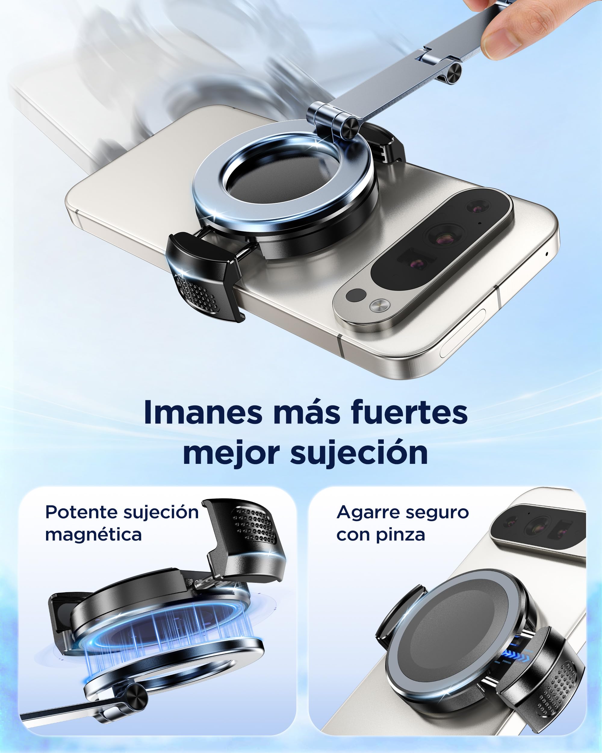 MSXTTLY Soporte Magnético para Coche con Clip Adaptador, Vmag-S3 Brazo Largo + Clip, Sin MagSafe, Sin Anillo, Posición Flexible, para iPhone y Android