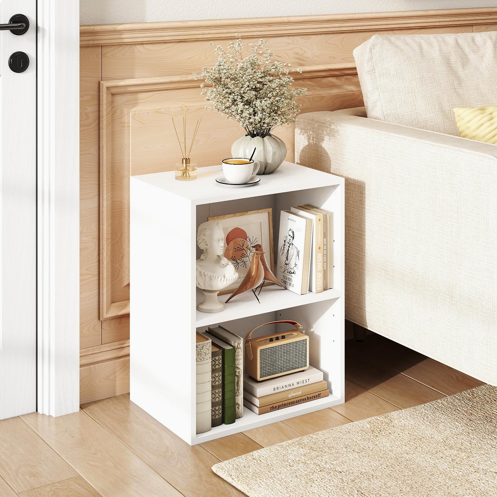 SOARS Libreria a 2 Cubi, Ripiano Mobile con 5 Posizioni Regolabili, Libreria 2 Livelli con Tappetini Antiscivolo e Adesivi per Fori delle Viti, Adatto per Studio, Soggiorno e Cucina (Bianco)