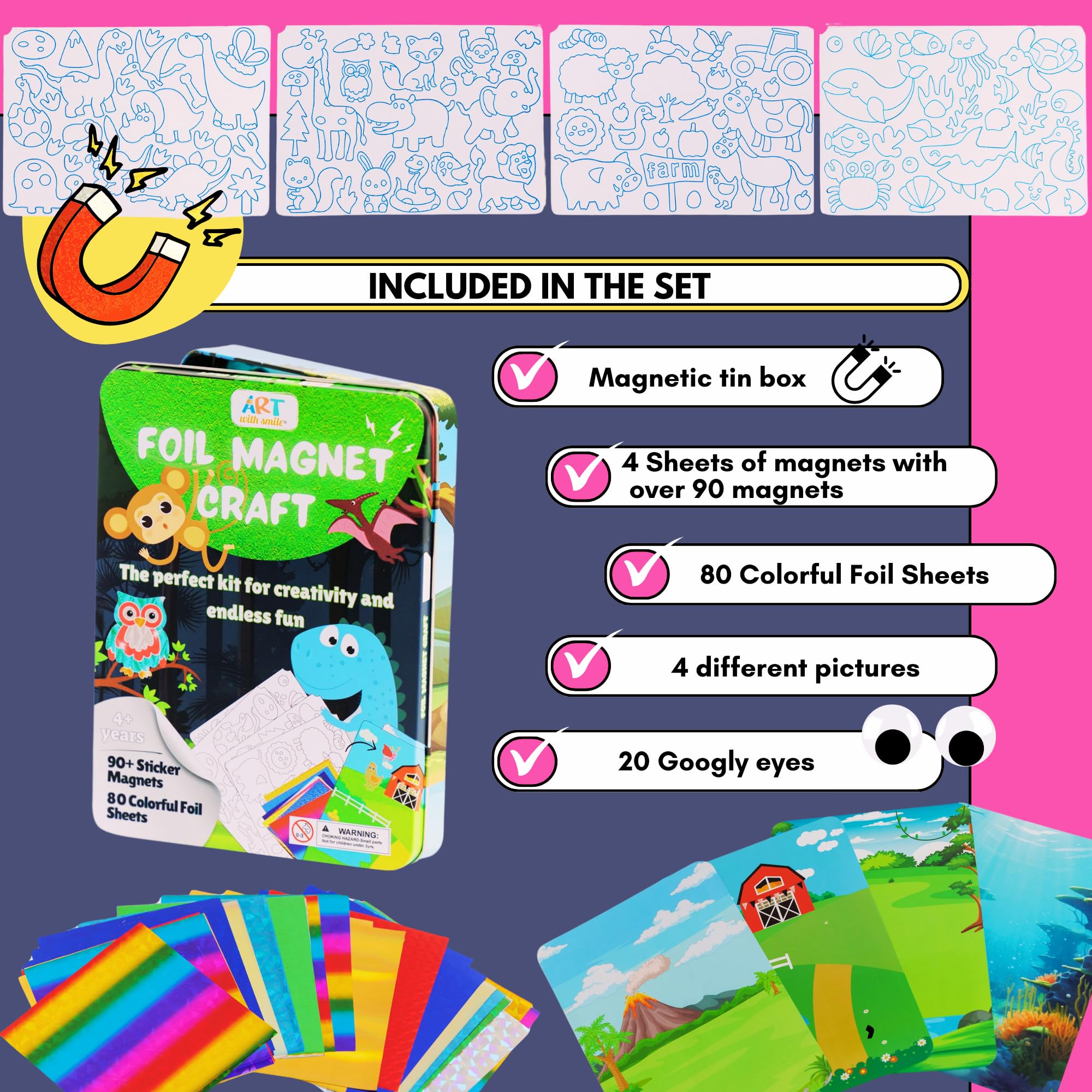 Foil Fun Art Kit for Kids, Reusable Animal Foil Art for Girls & Boys, DIY Mess-Free Girls Craft Kit w/Magnets - Image 3