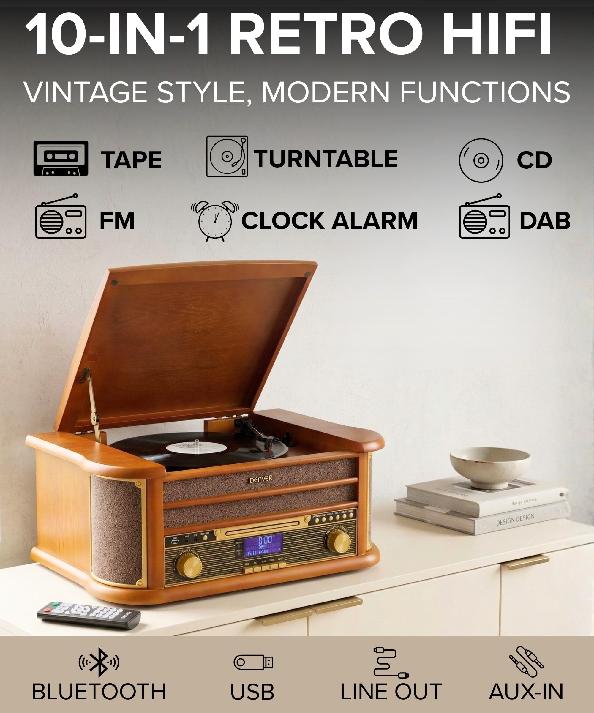 Denver MRD-51BT MK2 Lecteur de disque radio Bluetooth 9 en 1 en bois avec haut-parleurs – Radio DAB+, FM, lecteur de cassette, lecteur CD, entrée auxiliaire, enregistrement MP3 USB, entrée auxiliaire