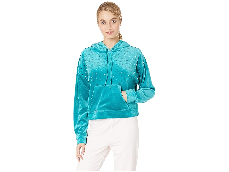 

Juicy Couture Stud Embossed Lightweight Velour Hooded Pullover (Castle Green) Women's Clothing, Blue