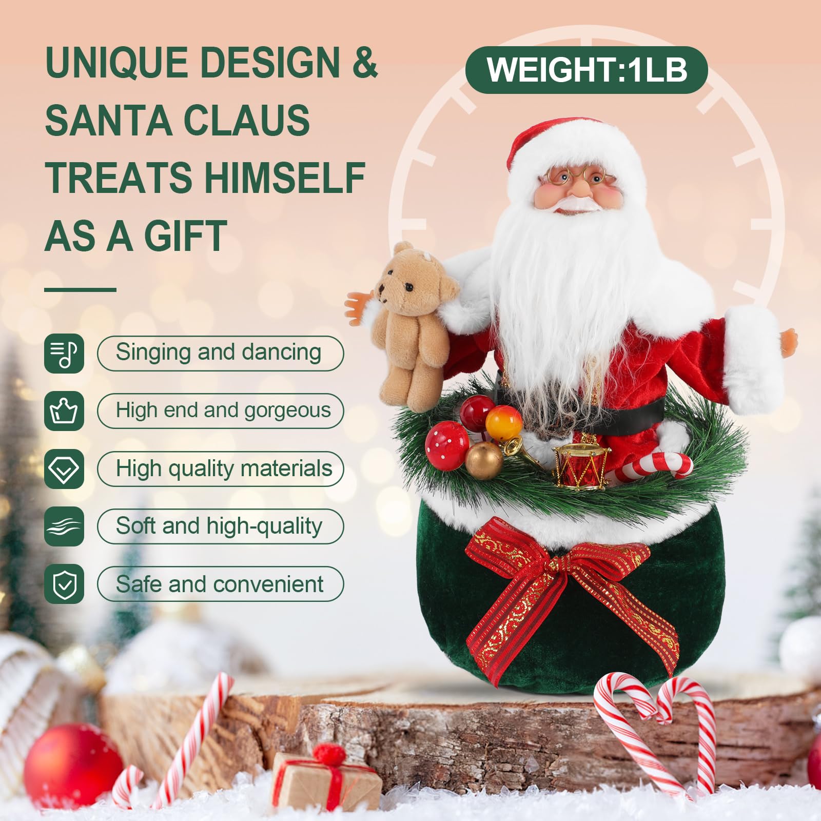 Gfilay Figurine de Père Noël de Noël, figurine de collection Père Noël dansant avec musique tenant l'ours et debout à l'intérieur du sac cadeau – Interrupteur à induction