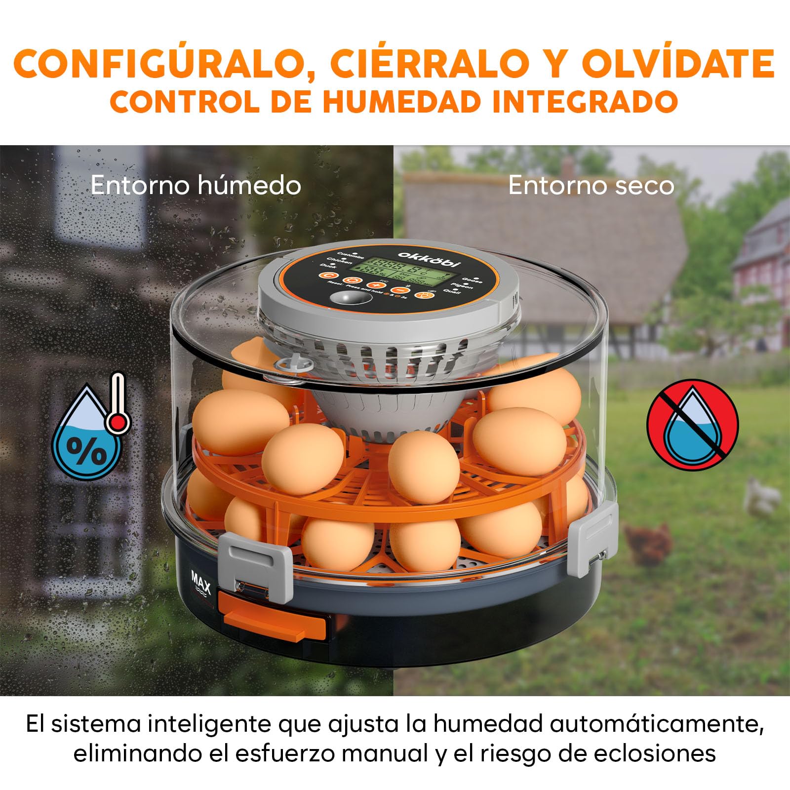 Incubadora automática Okköbi para huevos – incubadora huevos gallina 12 o 20 unidades – volteo automático – incubadora de huevos con control de temperatura y humedad – lámpara incluida
