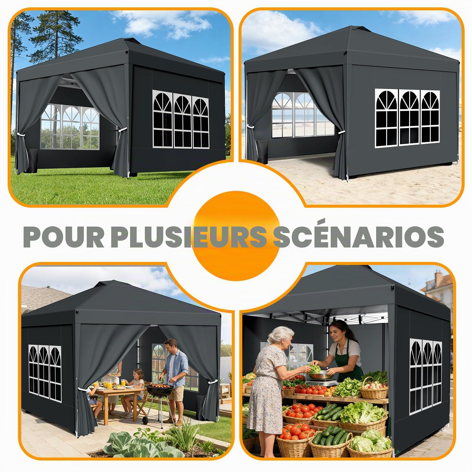 Tonnelle de Jardin 3x3m,Tente Pliante de Exterieur avec 4 Côtés、4 Sacs de Sable、Sac de Transport,Tonnelle Pliante Imperméable，Anti UV，Hauteur Réglable，Tente de Camping,Barnum,Anthracite