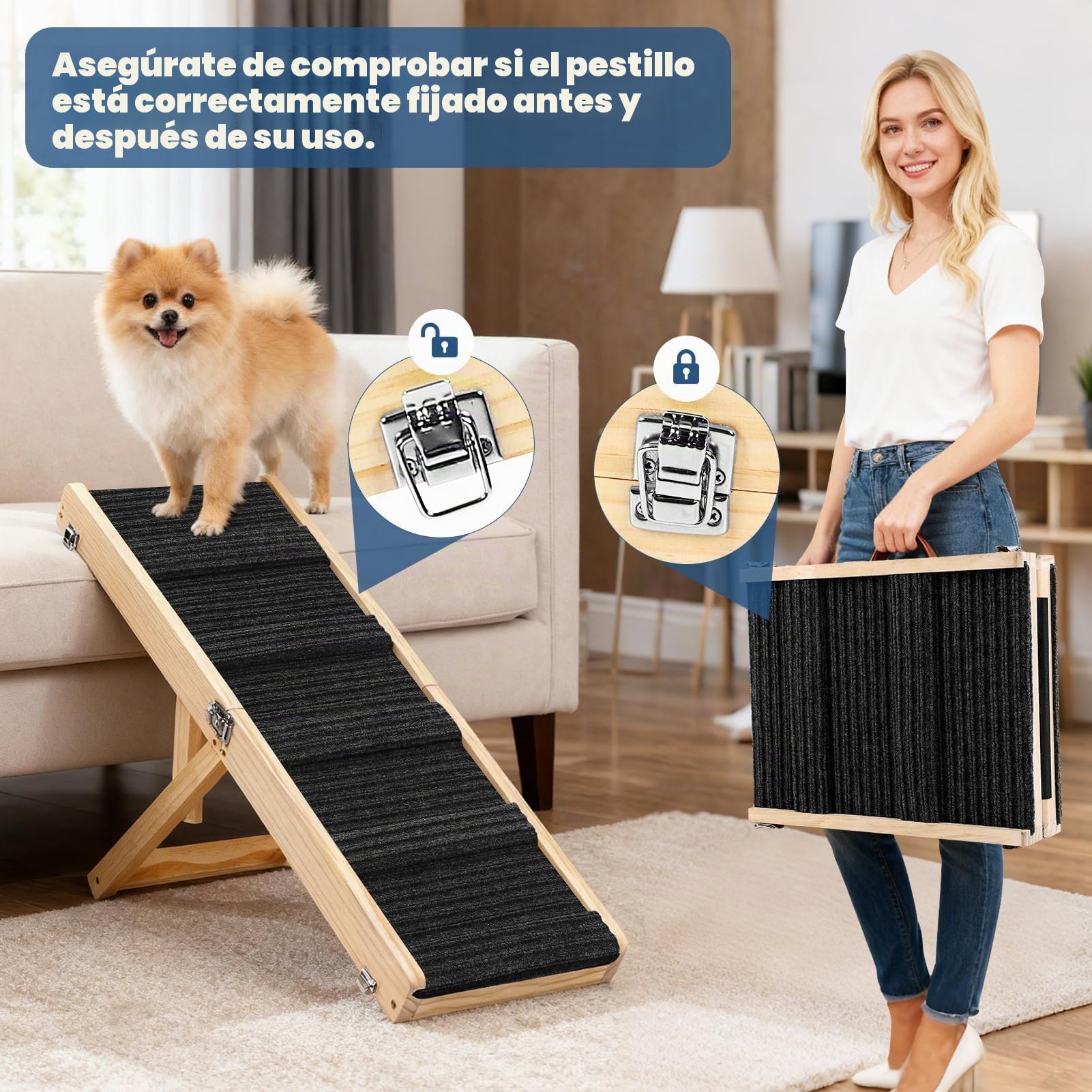 Rampa Plegable para Perros de Madera para Cama, sofá, rampa Ajustable para Perros pequeños, Altura 25-52 cm, Longitud 83 cm, Ancho 35cm, Superficie Antideslizante, Escalera para Perros