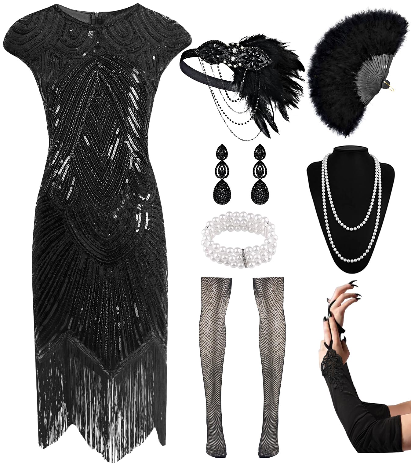 Photo 1 of ****STOCK PHOTO FOR REFERENCE ONLY*** VillbeCoser Women's Flapper Dresses 1920s Sequin Fringe Beaded Cocktail Crew Neck Dress Roaring 20s Accessories Vintage Lace Fan Headband