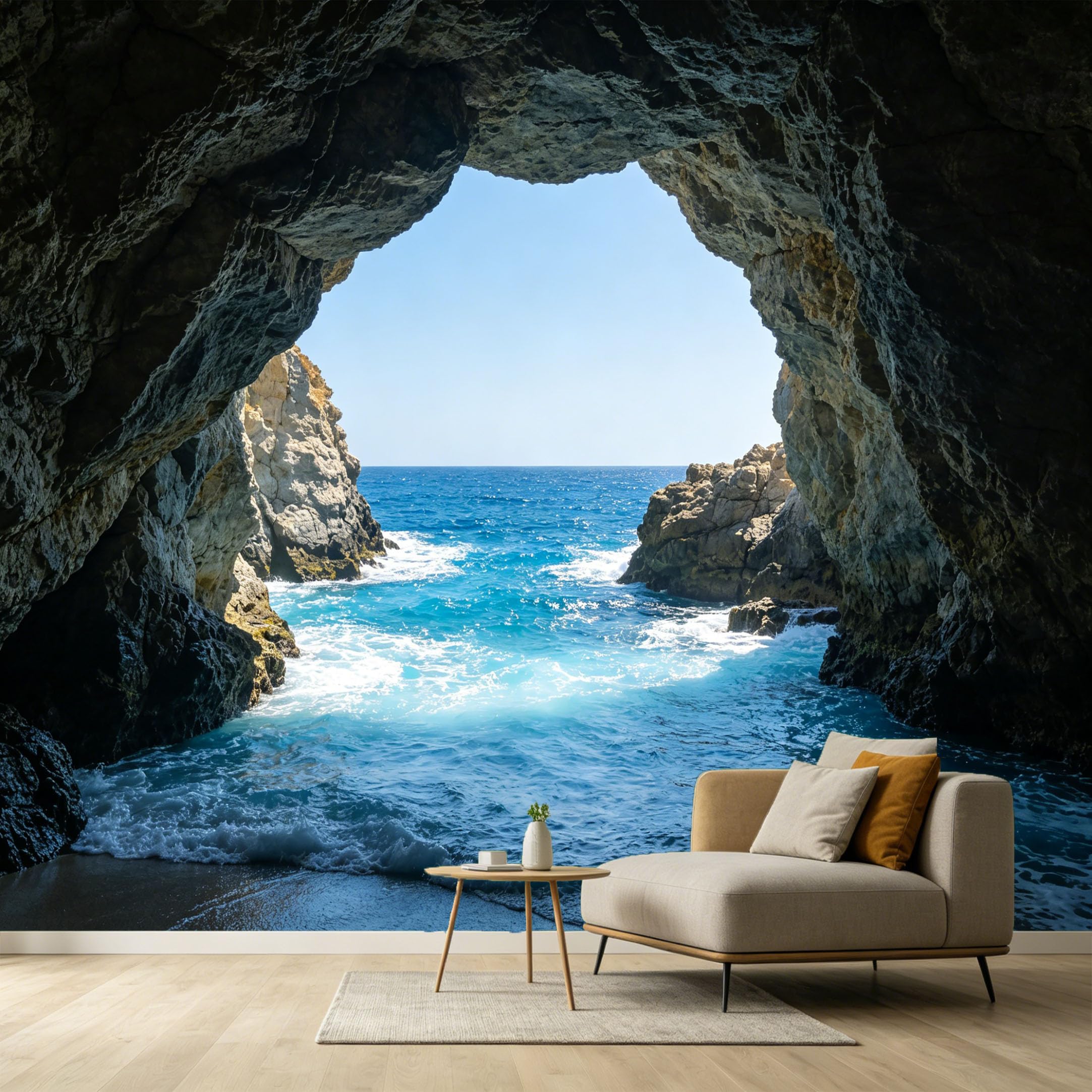 Custom Size Wall Murals Ocean Marine 3D Trompe l’oeil Sea Cave Blue Waves Coastal Landscape SelfAdhesive Wall Fabric Removable Large Wallpaper for Photo Living Room