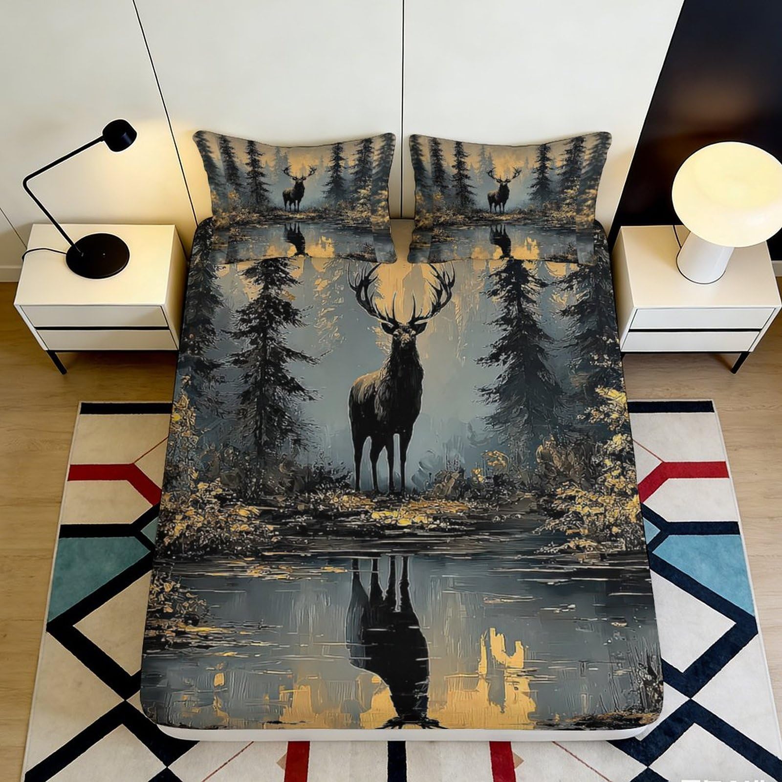 Jqzkxnhpbr Style-8 3D Printed Forest Elk Fitted Sheet Microfiber Soft Anti-Slip Woodland Reflection Mattress Cover Bedroom Decor 90X200x25cm