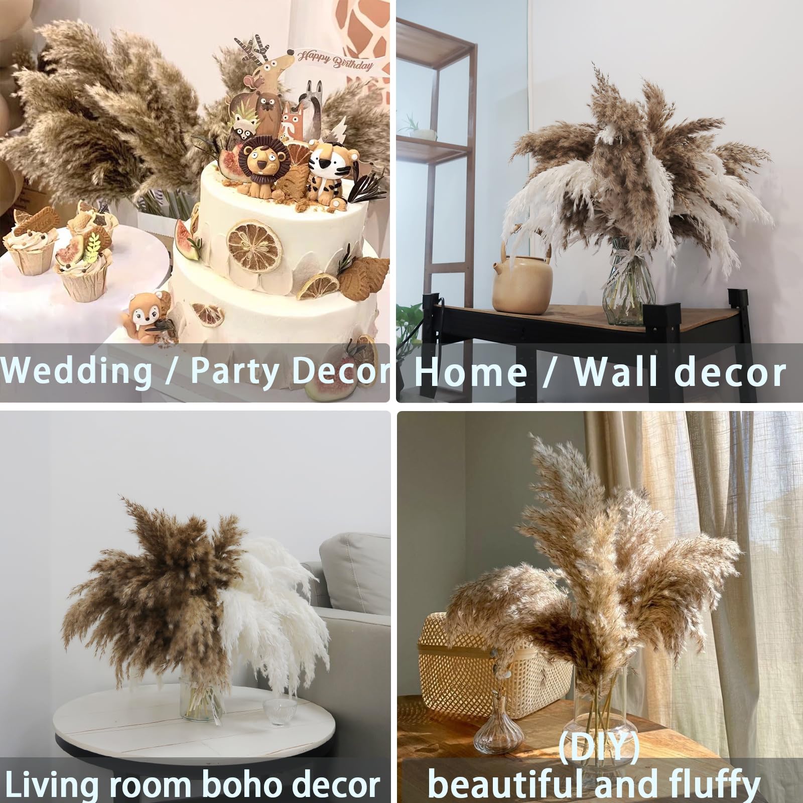 Décoration bohème à 30 tiges – Herbe de la pampa séchée, duveteuse marron et blanche, petites fleurs de pampa courtes et sèches en vrac pour décoration d'intérieur, décoration d'intérieur, décoration