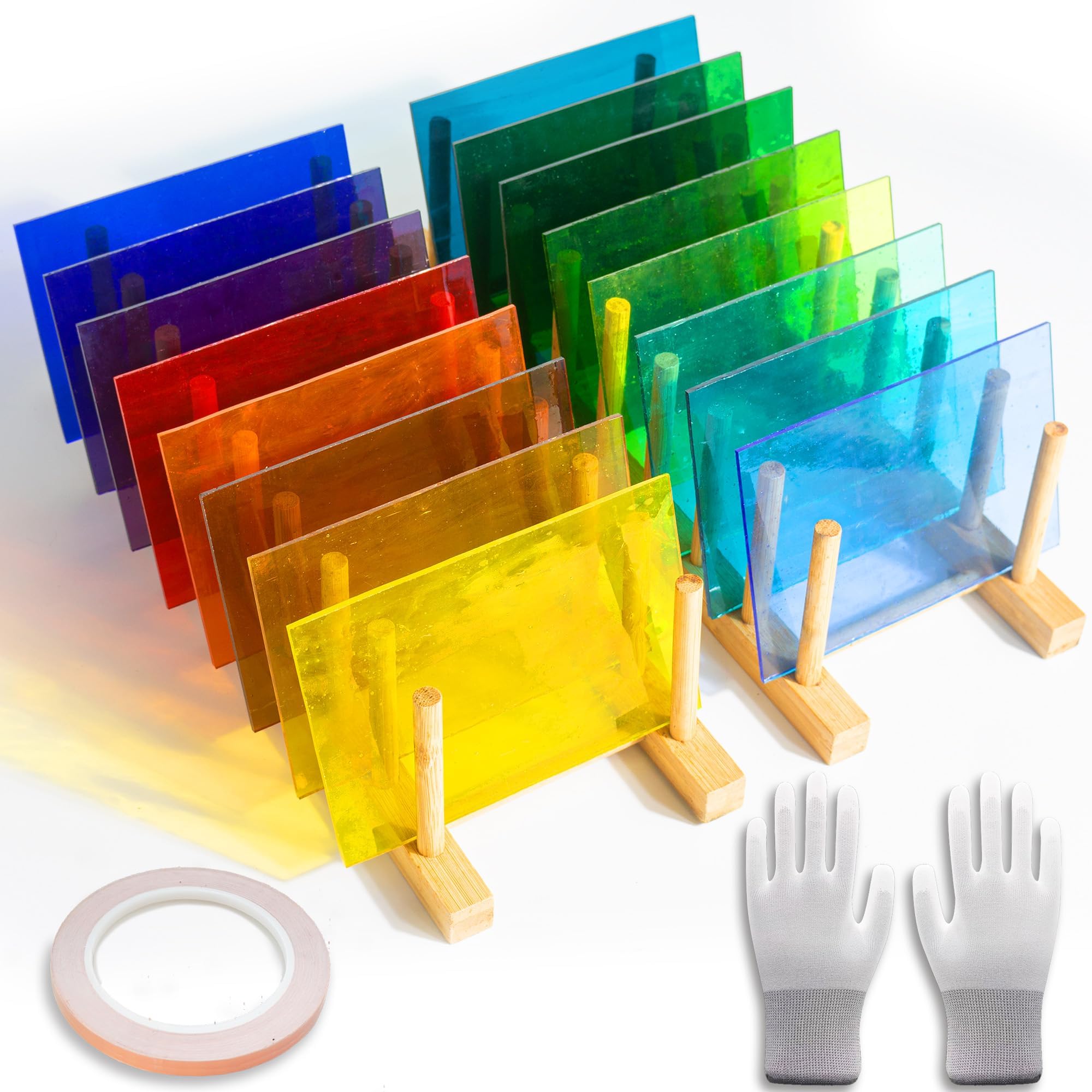 Stained Glass Sheet Set 4x6 Inch Cathedral Art Glass Mosaic Glass Bright Color Glass Plates Accessories with Copper Foil Tape and Gloves for Glass Lovers DIY 16 Pieces-image-19