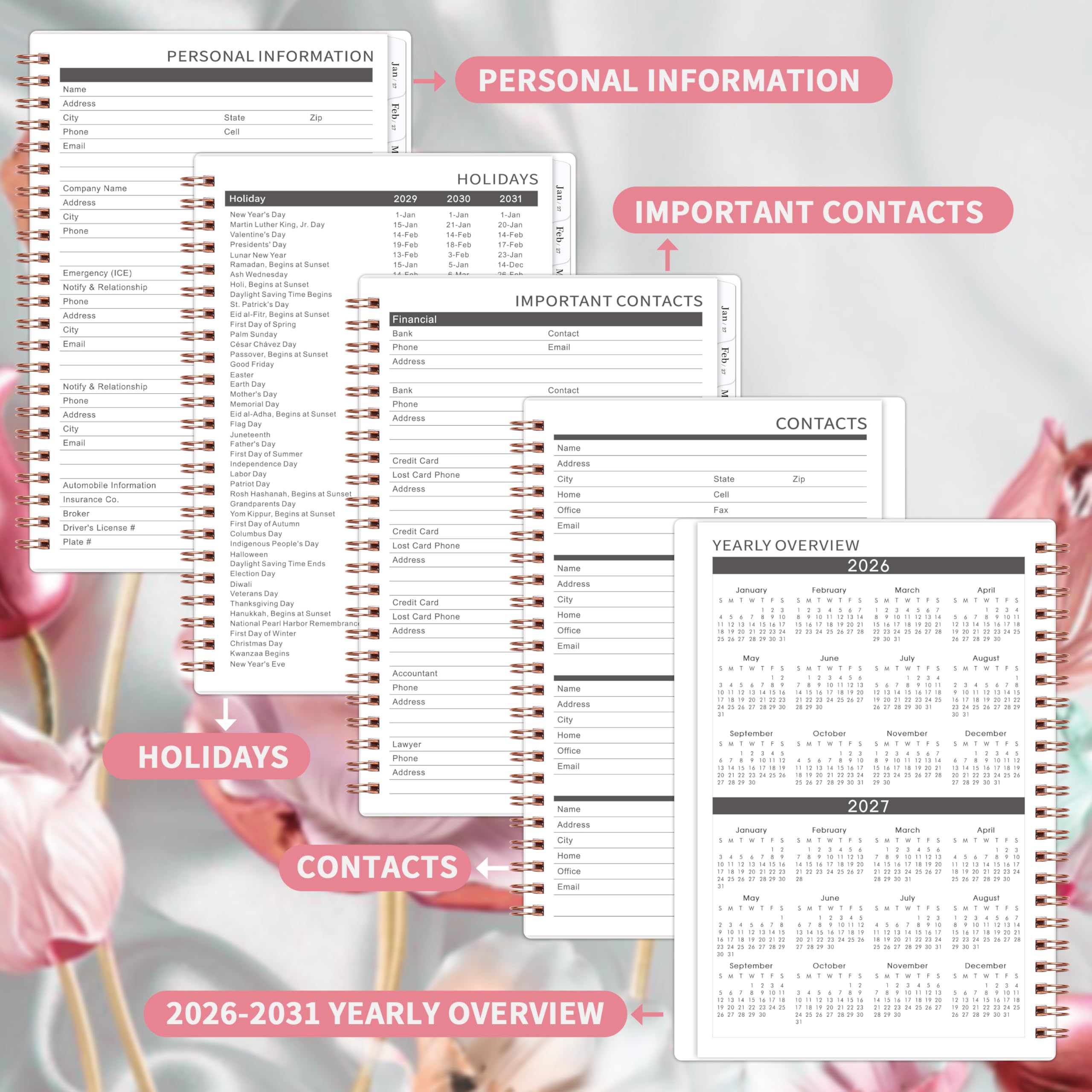 Agenda mensuel 2026-2031 - Planificateur 5 ans 2026-2031 - Reliure à spirales - Juillet 2026 à juin 2031 - Planificateur 16,3 x 21,6 cm avec onglets, calendrier de 60 mois, poche double face - Fleur