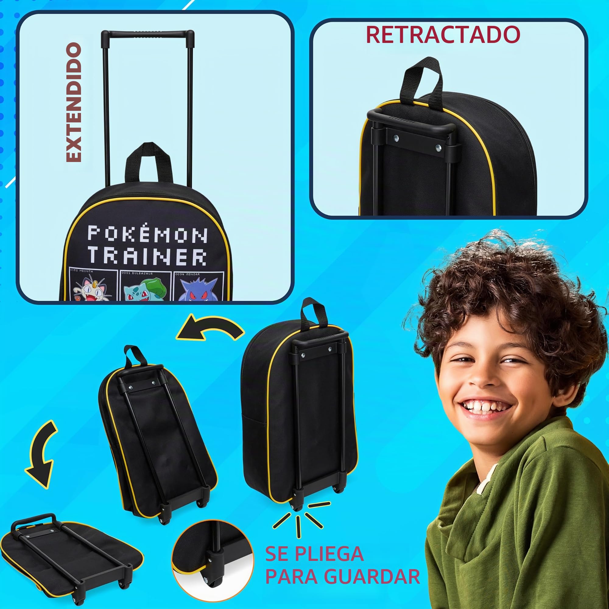 Pokémon Maleta Infantil Niños - Maleta Plegable con Ruedas, 39x27 cm, 10.5 litros, 2 Ruedas, Asa Extensible (S (39-10.5L) Negro/Multi)
