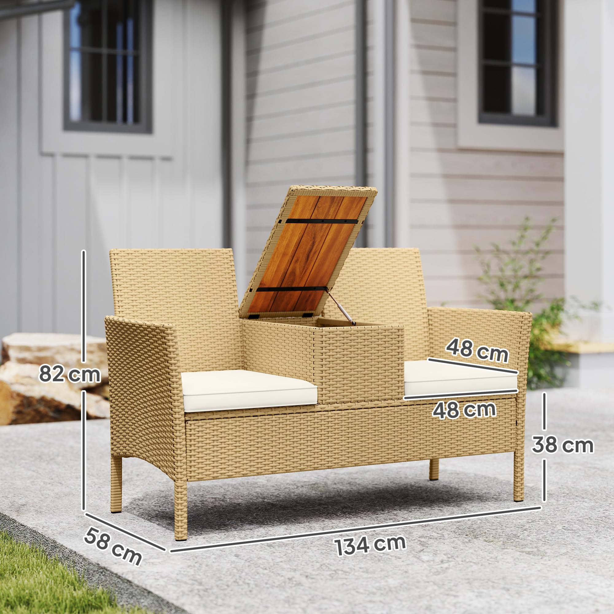 Outsunny Panchina da Giardino a 2 Posti in Rattan e Acciaio 134x58x82 cm | Panchina da Esterno con Cuscini, Tavolino a Ribalta con Spazio Portaoggetti Nascosto, Divano da Esterno, Crema e Cachi