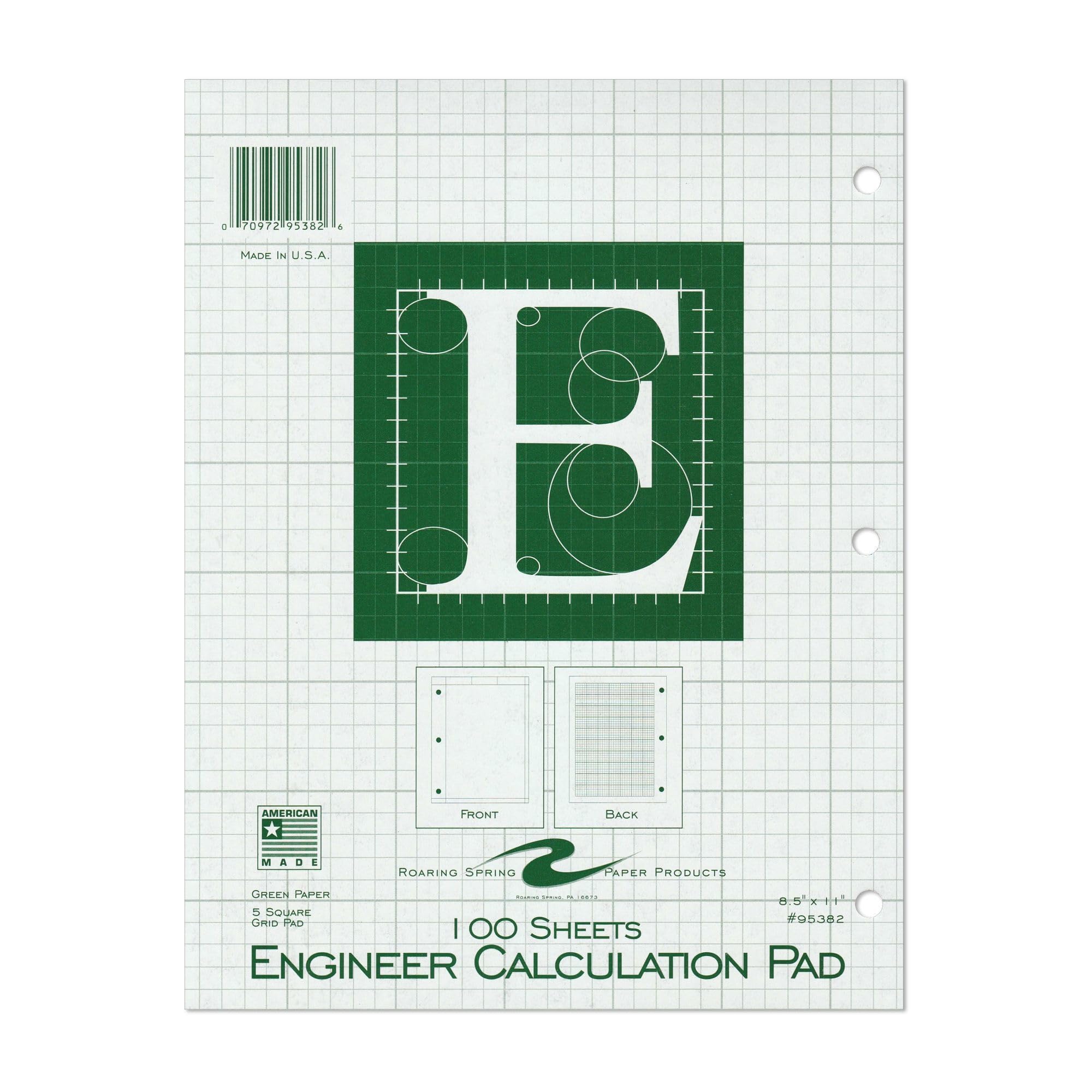 ROARING SPRING Engineering Pad, 8.5" x 11", 100 Sheets 15lb Green Paper, 5x5 Printed Back Enclosed Grid, Top Glued, 3-Hole Punched, Proudly Made in