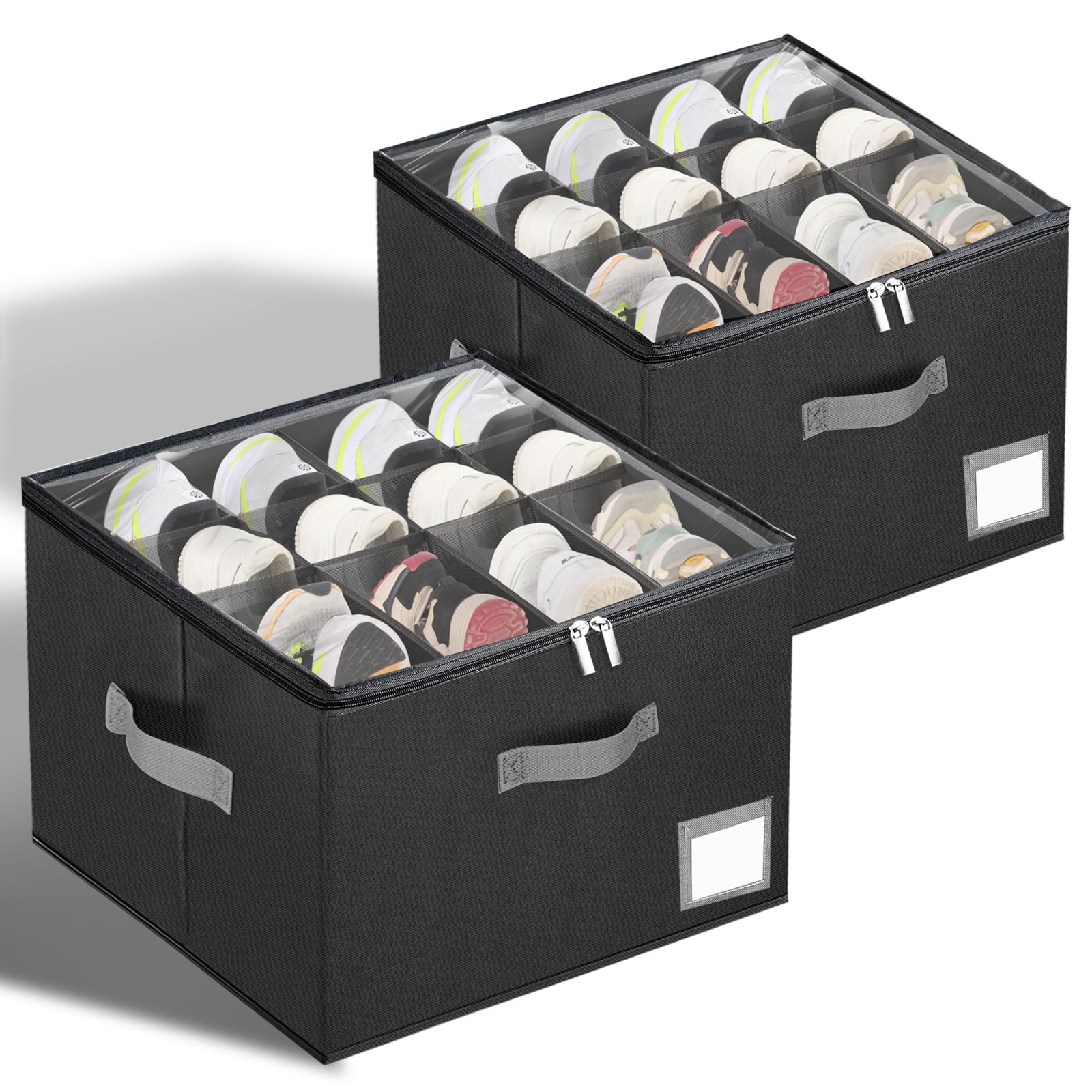 2 Pack Shoe Organizer for Closet, Large Shoe Box Storage Containers,Shoe Storage Box Fits 12-16 Pairs,Fabric Shoe Storage Bins with Clear Cover,Black
