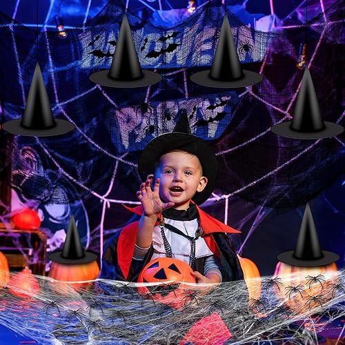 Miniatura 6 de MAIAGO Kit de decoración de Halloween de 85 piezas, 12 sombreros de bruja negros, 28 murciélagos 3D, 12 arañas 3D, 30 arañas falsas, 2 piezas de