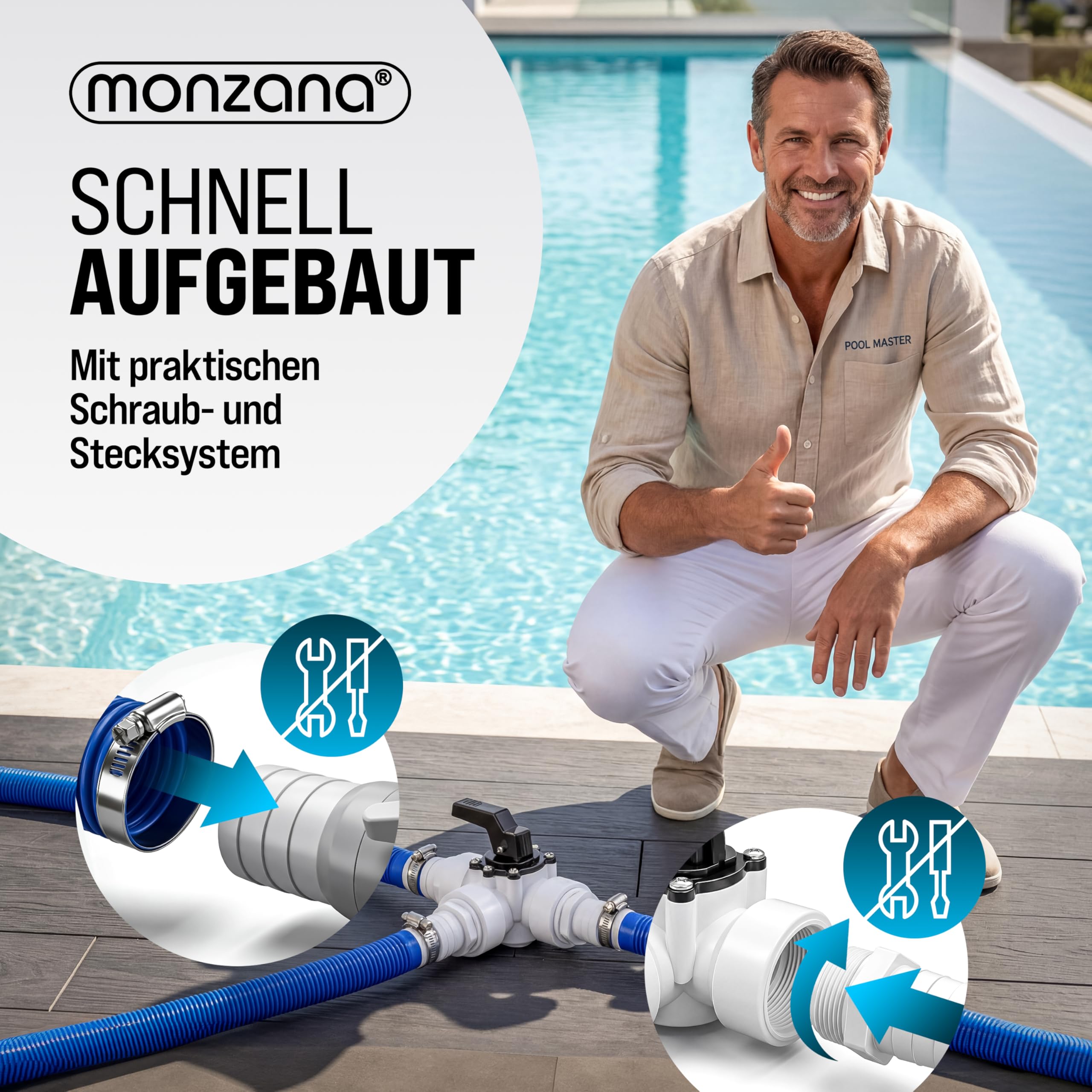 MONZANA® Bypass Set Pool 12-teilig 3 Wege Ventil Anschluss Ø 32/38mm Schlauchschellen Sandfilteranlagen Poolheizung Wärmepumpe Solarheizung