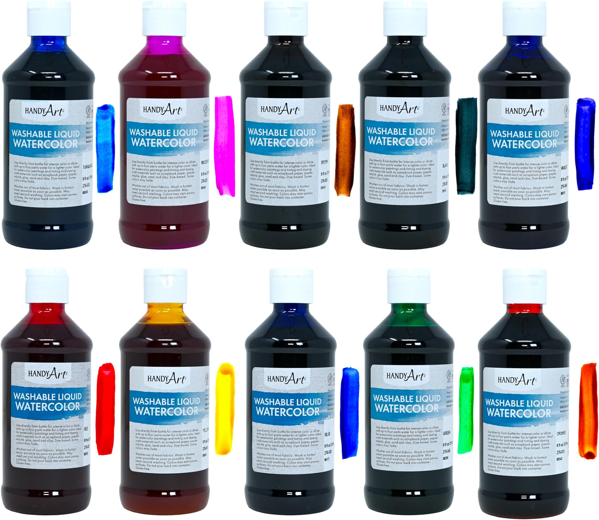 Washable Liquid Watercolor, Set of 10 Colors, 8 oz Bottles, Dye-Based Color, Easy to Dilute with Water, Ready to Use Concentrated Paint, Certified Safe & AP Non-Toxic, Made in USA