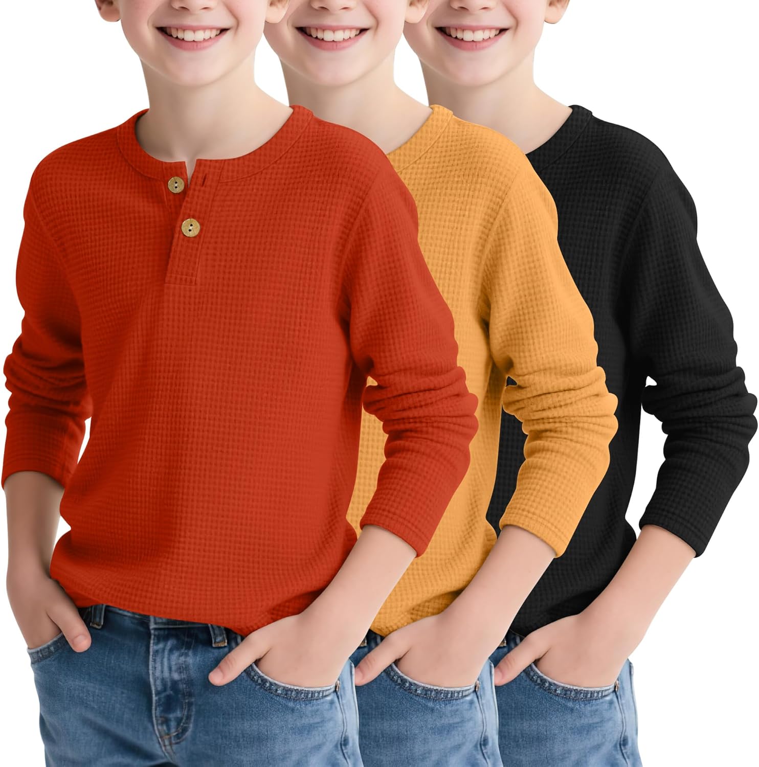 3 Pack Boy's Henley Long Sleeve Shirts Waffle Thermal Tops 5-14 Years Cotton Blend Knit Sweatshirt for School
