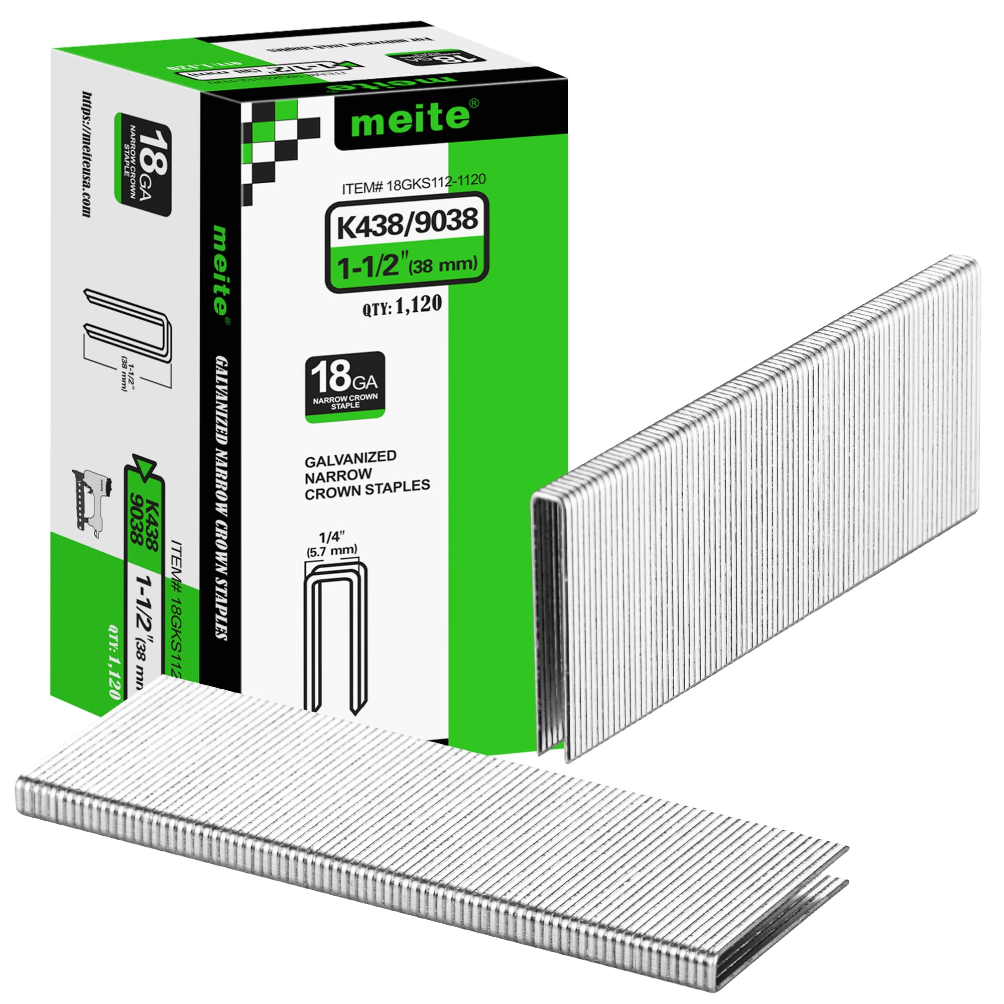 meite Type 90/38 mm 18 Gauge Galvanised Narrow Crown Staples 1,120 Pcs