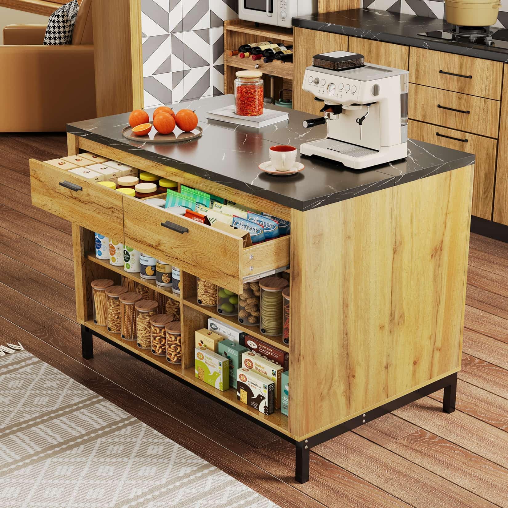 PUGSDRLY Îlot Central Cuisine 120x75x90 cm,Meuble de Cuisine,Buffet Salle a Manger avec Plan de Travail de Marbre Noir,2 Tiroirs,4 étagères Ouvertes,pour Salles à Manger(E-Natuel)