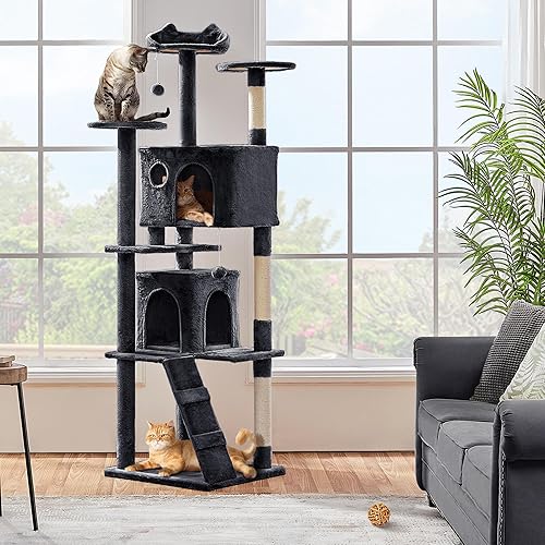 Vista 233 de Yaheetech Árbol para gatos de varios niveles de 70 pulgadas, torre alta para gatos con condominio, postes rascadores y bola colgante para gatos