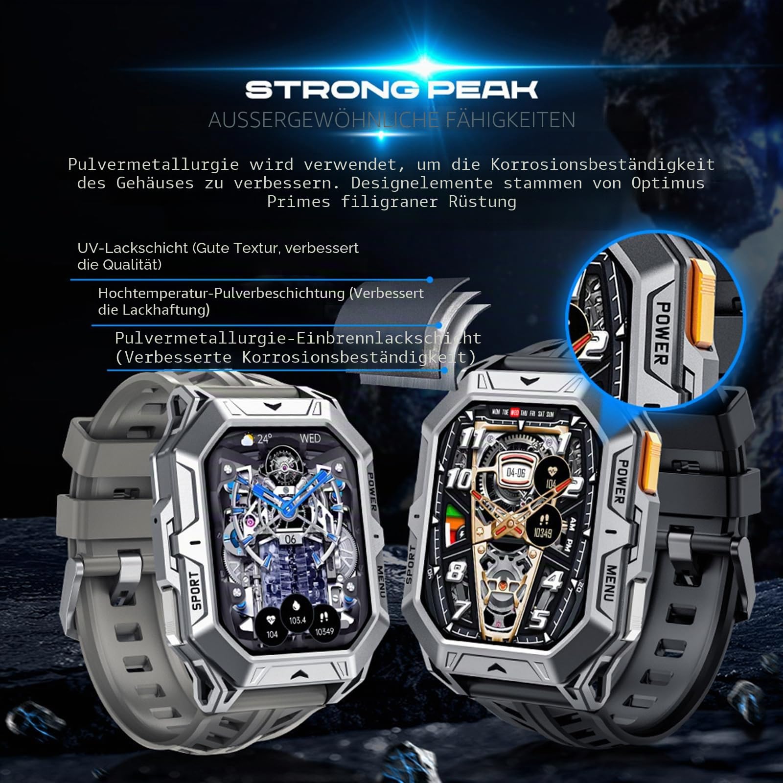 Smartwatch Herren Militär Uhr 100 Tage Akkulaufzeit Sportuhren Herren mit Kompass Höhenmesser Barometer IP68 Wasserdicht Fitnessuhr Pulsmesser Blutdruck 2,13" AMOLED Display Smart Watch Android iOS