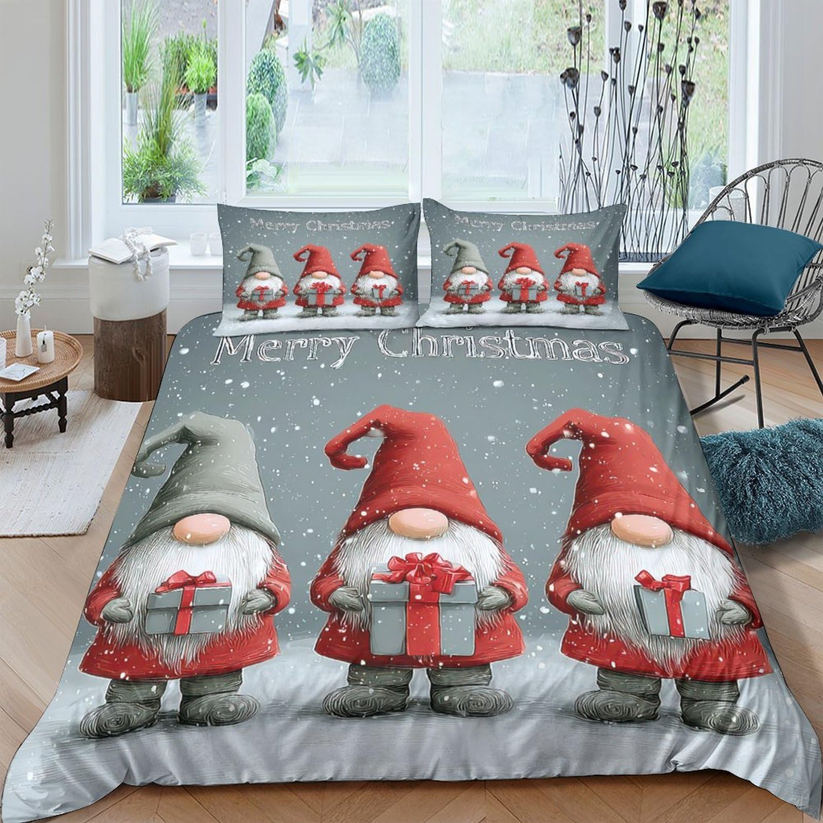 Ctjqhvkz Style-9 3D Printed Christmas Gnome Fitted Sheet Microfiber Red Grey Cartoon Gift Bed Cover For Bedroom Guest Room Easy Care Single（135X200cm）