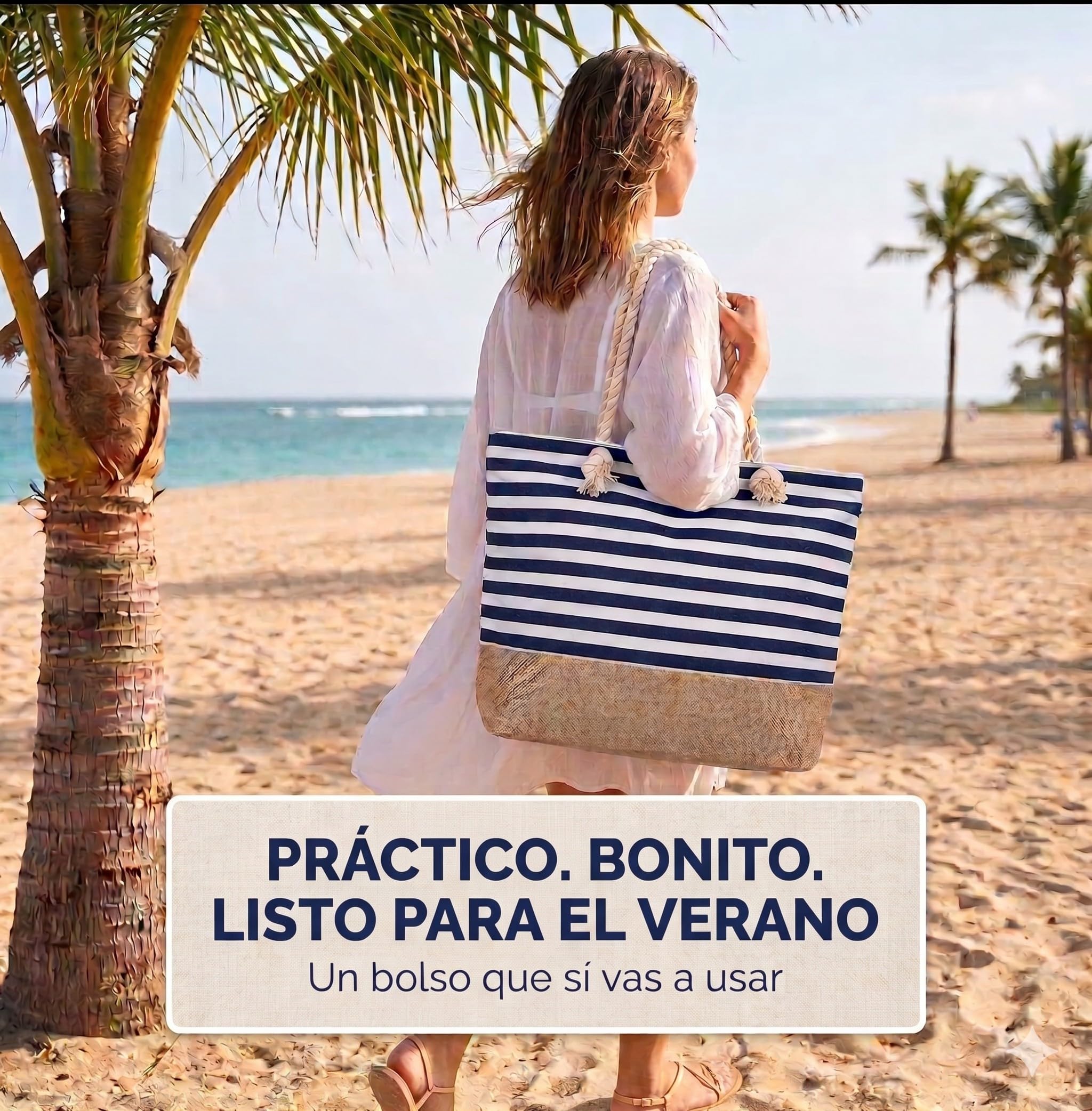 AlfaHome - Bolso playa mujer grande con cremallera – Bolsa playa impermeable con neceser adicional, bolso verano mujer resistente y elegante para playa, piscina o uso diario (50x35x15 cm, 22L)