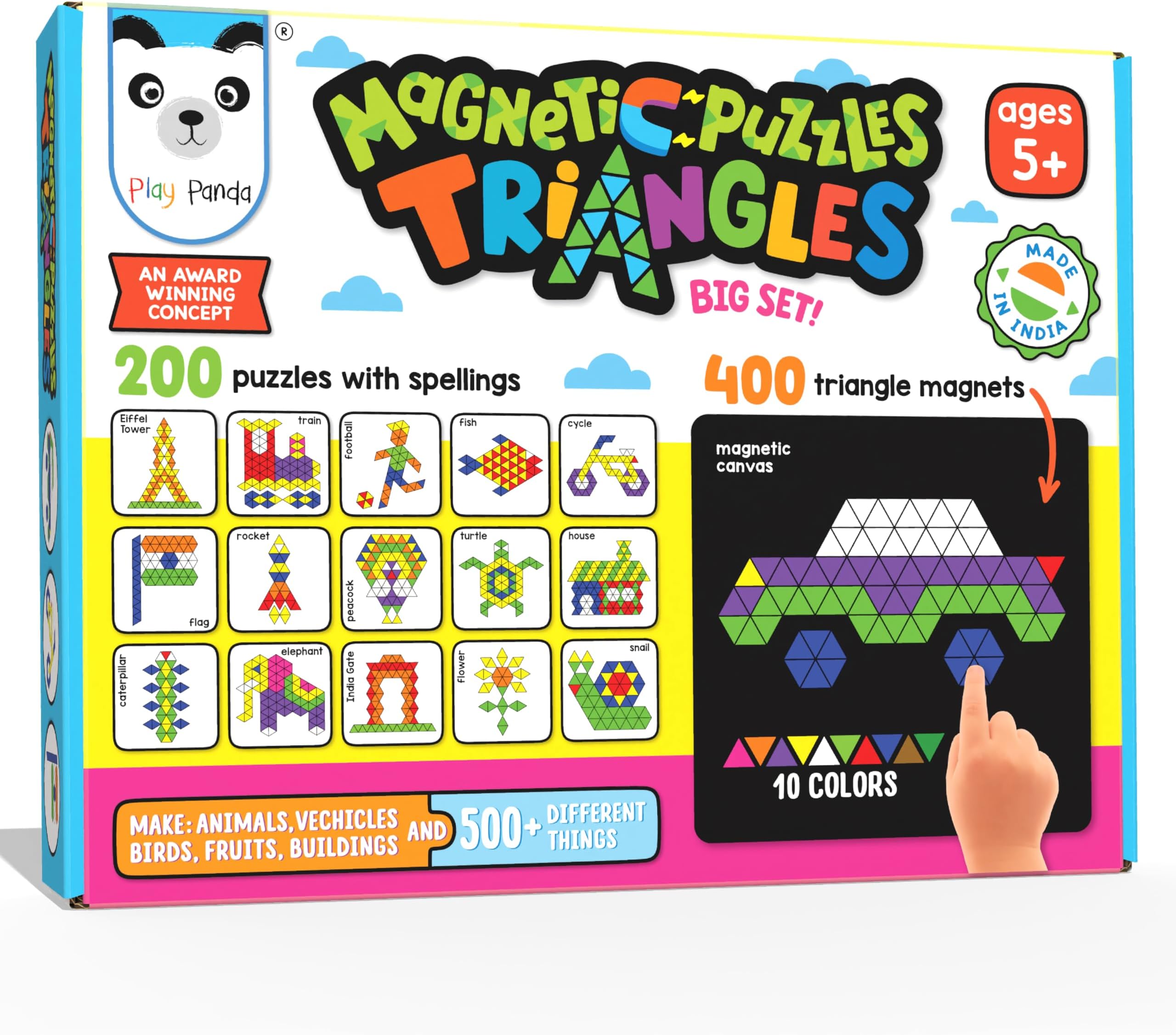 PLAY PANDA Magnetic Puzzle Set for Kids, Big Triangles with 400 Magnetic Shapes with Magnetic Board,100 Puzzle Book & 200 Puzzle Patterns, Display Stand and Storage Tray Indoor Educational Toy