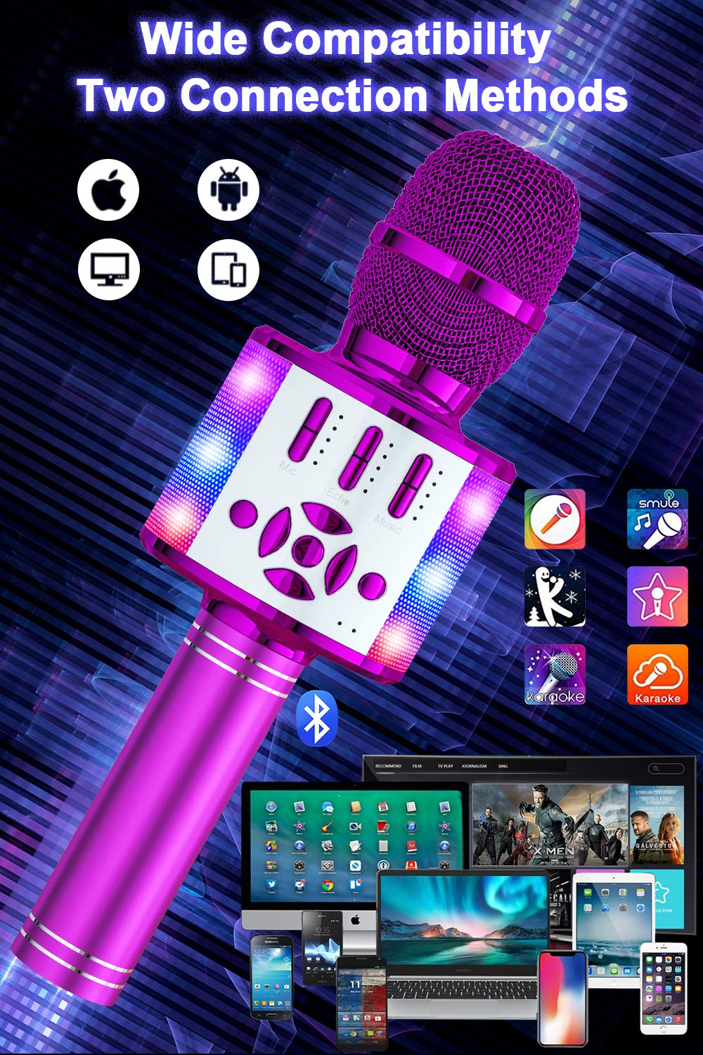 BONAOK Kinder Karaoke Mikrofon,4 in 1 Magic Sing Microphone Spiel, Bluetooth Lautsprecher für Zuhause Party, Kinder Spielzeug von 5-10 Jahre Mädchen Jungen,Kompatibel mit Smartphone PC (Lila) - 5
