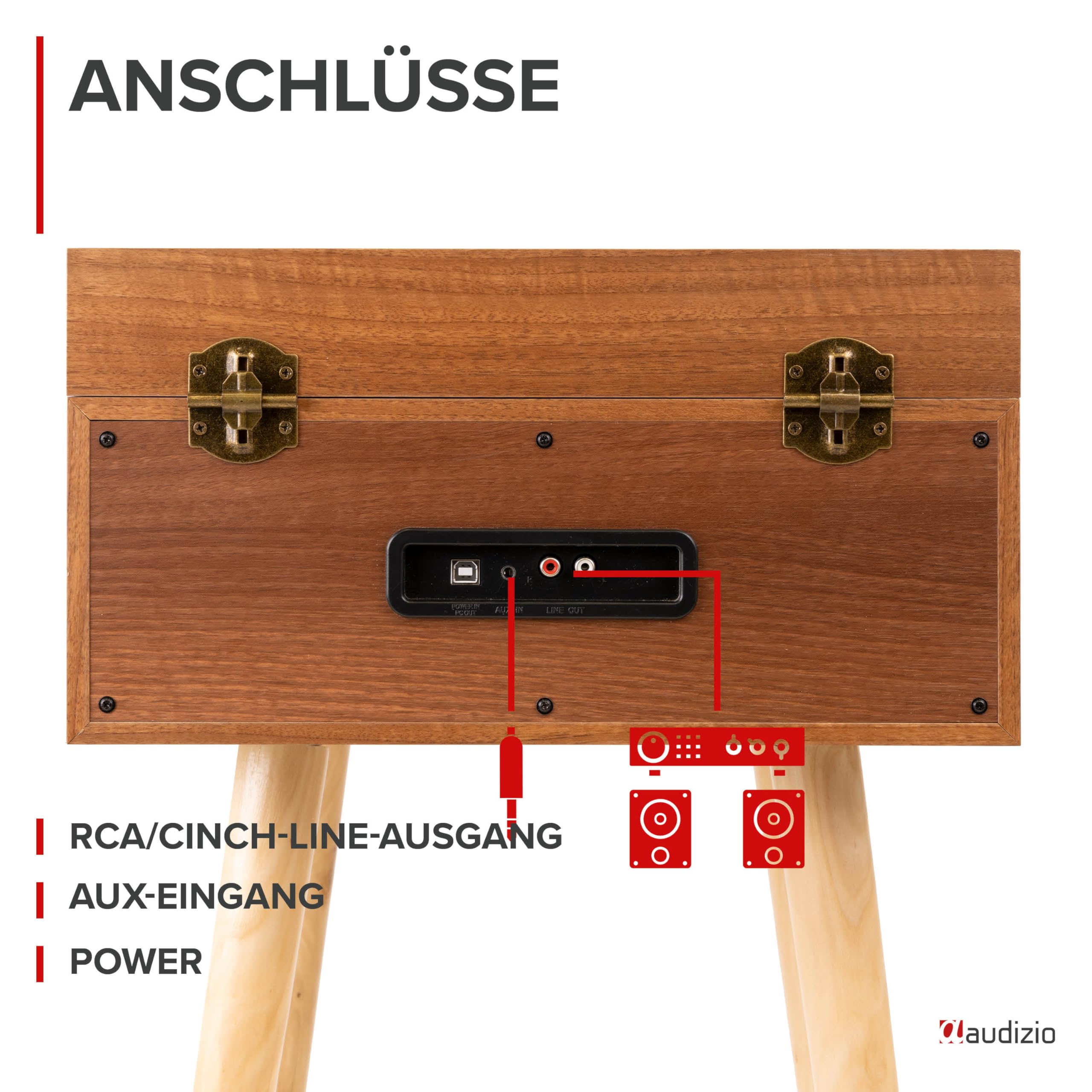 Audizio Fremont Schallplattenspieler Retro Plattenspieler Bluetooth Transmitter & Receiver, Tisch Plattenspieler mit Lautsprecher, Retro Vinyl Player für Schallplatten, Holz