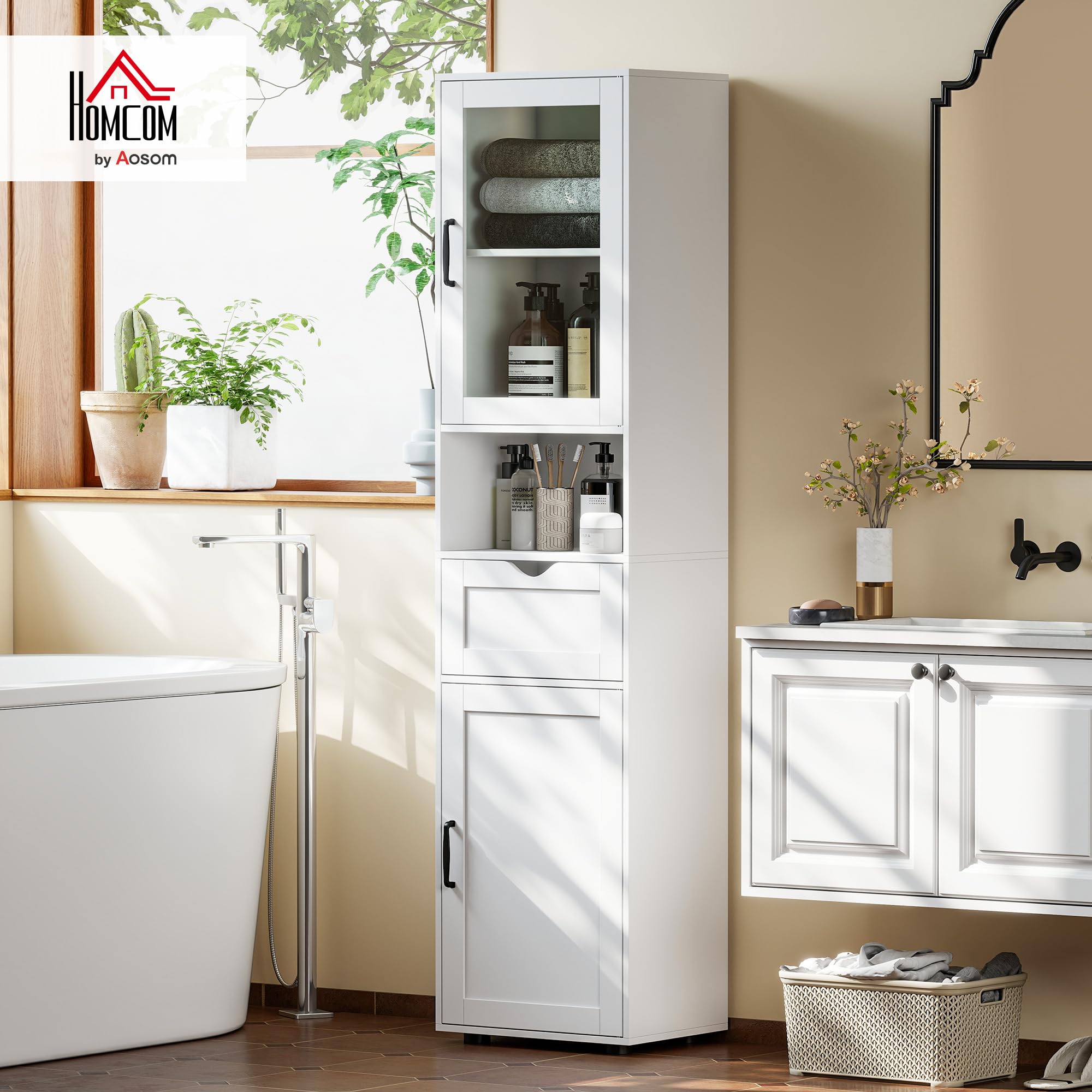 HOMCOM Armario de Baño Alto, Mueble Auxiliar de Baño con Puerta de Vidrio, Estantes Ajustables, Cajón, Estante Abierto, Columna Estrecha para Espacios Pequeños, 40x30x165 cm, Blanco