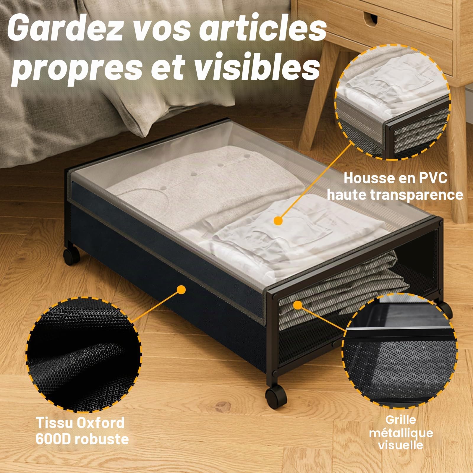 Rangement Sous le Lit Avec Roulettes, Boîtes Rangement Sous le Lit(2 Pcs)