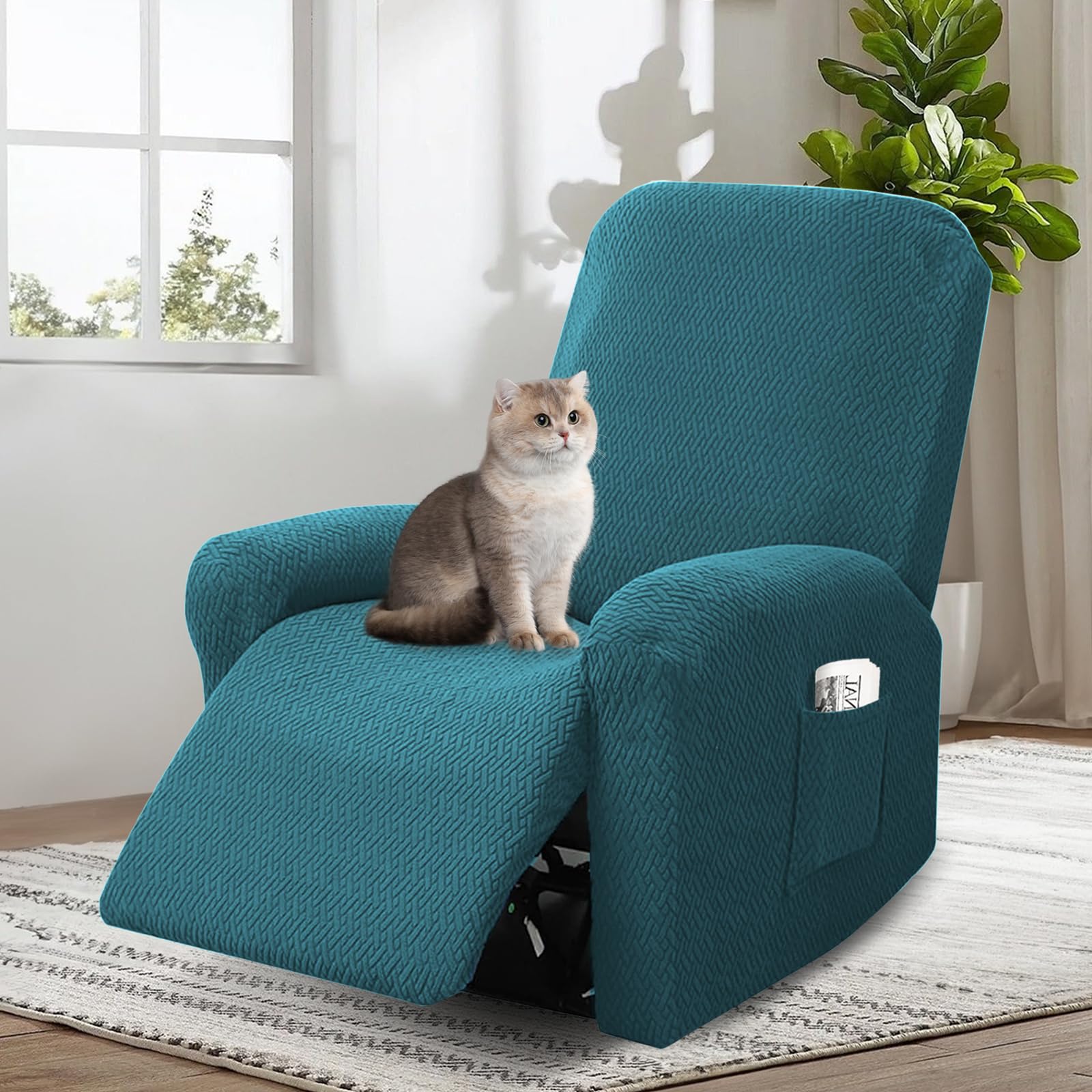 Funda Sillon Relax Reclinable, 4 Piezas Funda Butaca, Funda Sofa 1 Plaza, con Protectores para Reposabrazos y Bolsillo (Verde Oscuro)