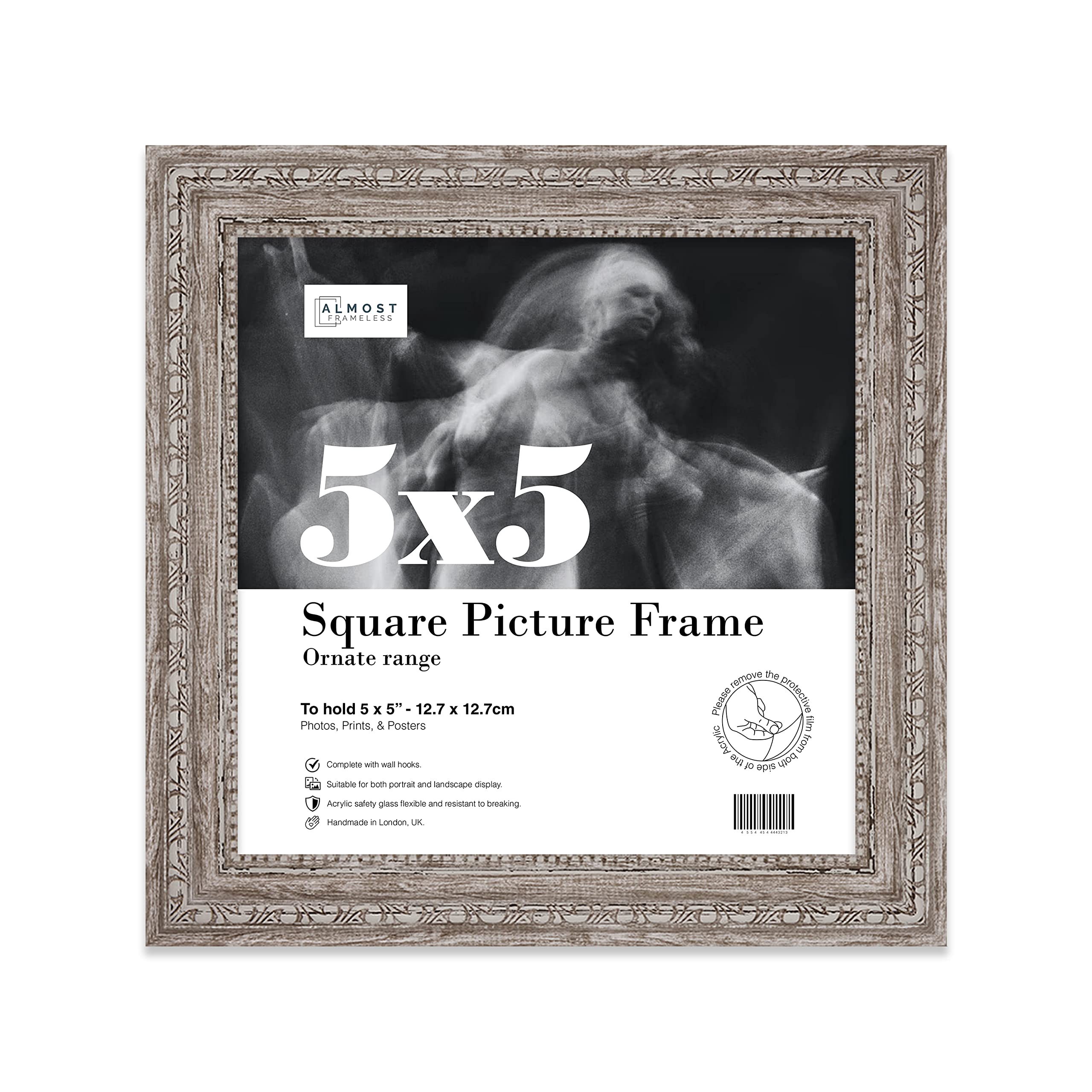 Almost Frameless 5x5 Walnut Ornate Picture Frame 5"x5" (12.7x12.7cm) Poster, Photo, Artwork, or Print. Antique Style Portrait and Landscape Display with Wall Hooks