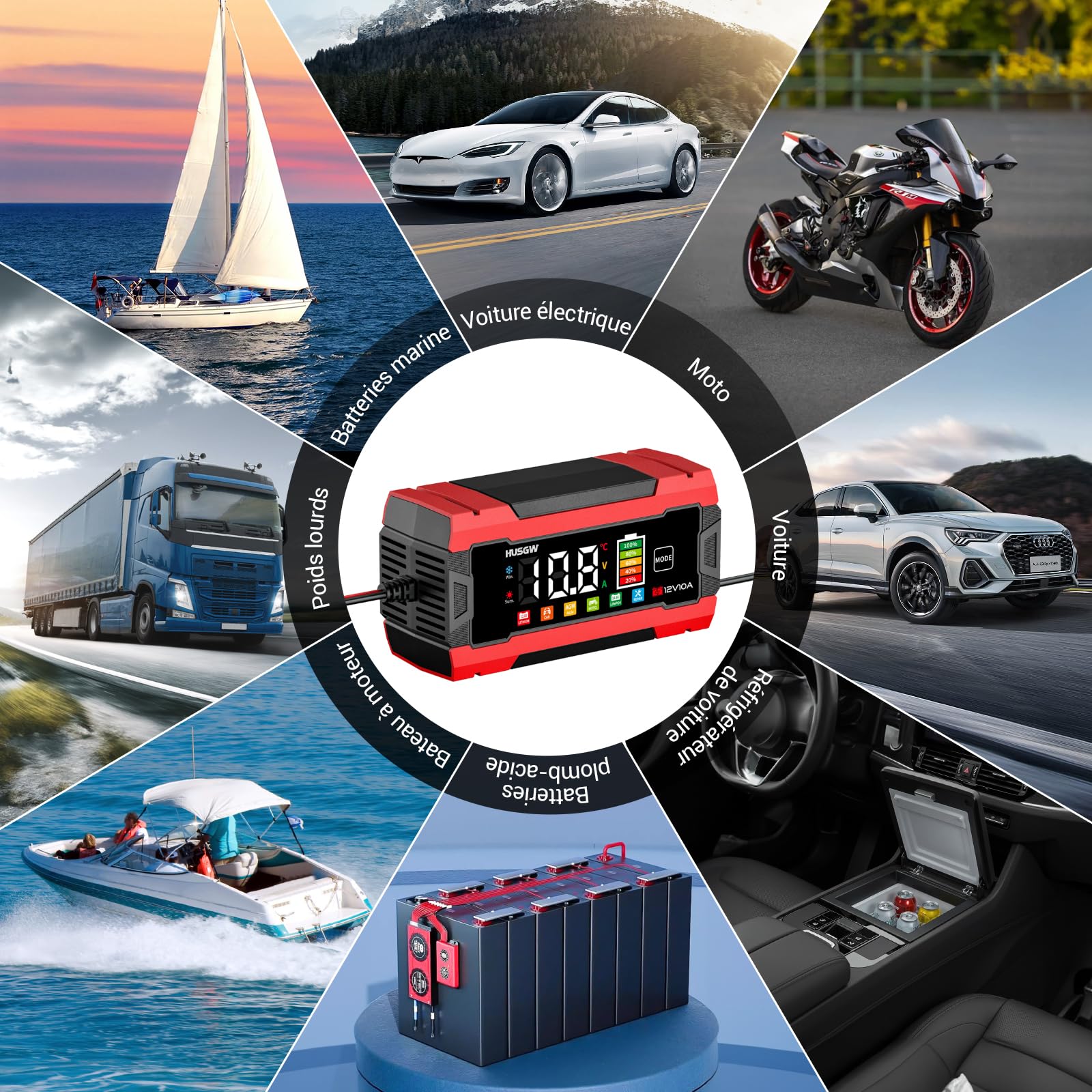 10A Chargeur de Batterie Voiture, 12V 10A LiFePO4 Chargeur Batterie pour Moto avec Réparation Automatisée, 6 Modes Maintien de Chargeur Batterie avec Écran LCD pour AGM/Gel/Wet/SLA