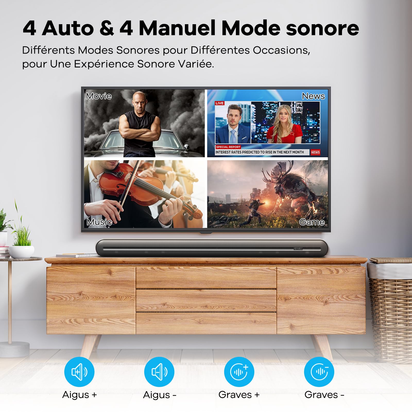 150W 91cm Barre de Son Caisson de Basse Intégré 6 Haut-parleurs, Clear Voice Bar de Son TV 32 à 55 Pouces, HDMI Arc (Puce dédiée) Optique AUX Support Mural.