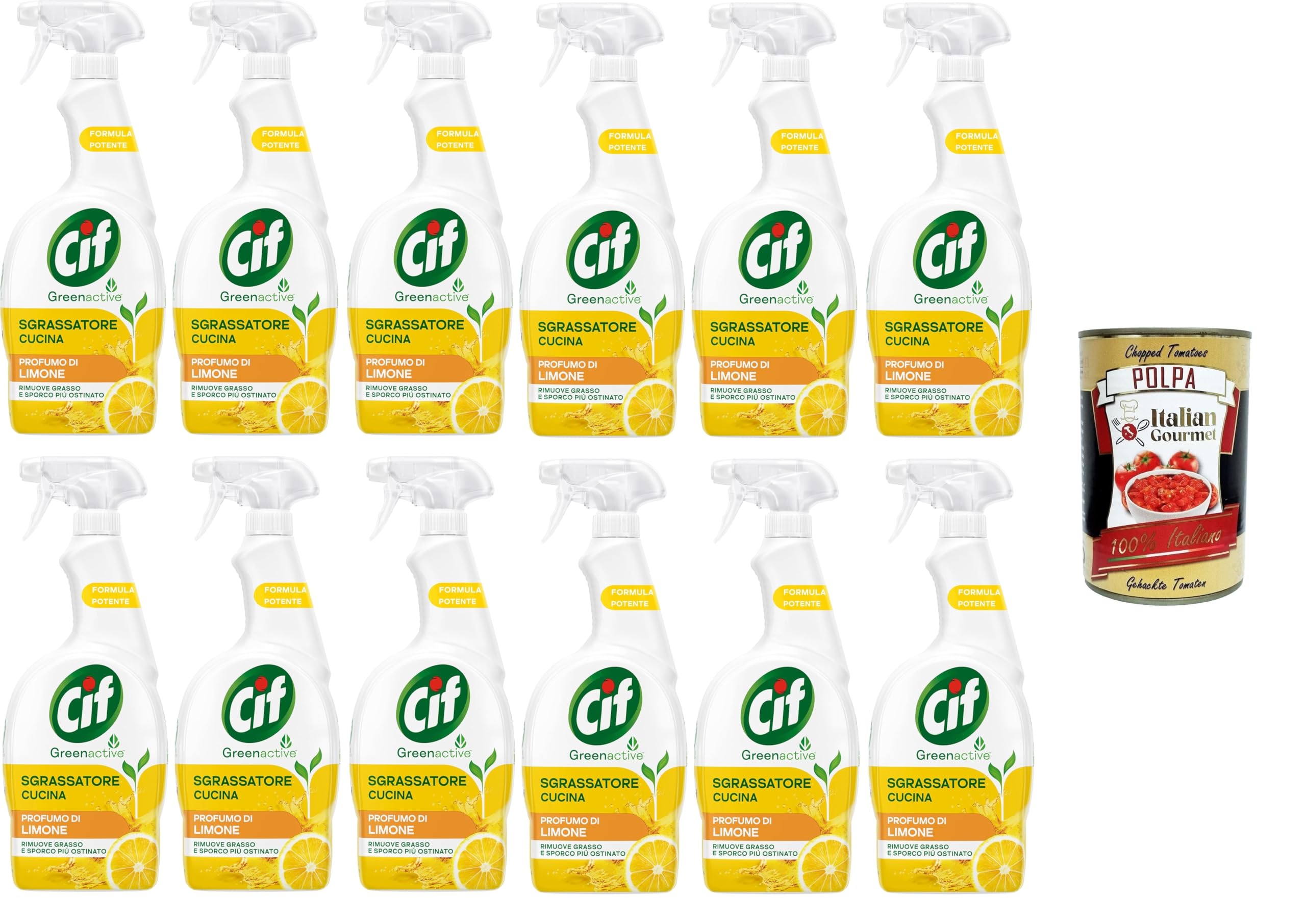 Cif Desengrasante de cocina universal con aceite esencial de limón, 650 ml, para cocinas de inducción, cocinas y azulejos en tu cocina, 100% 12 x 650 ml + Polpa italiana Gourmet 400 g