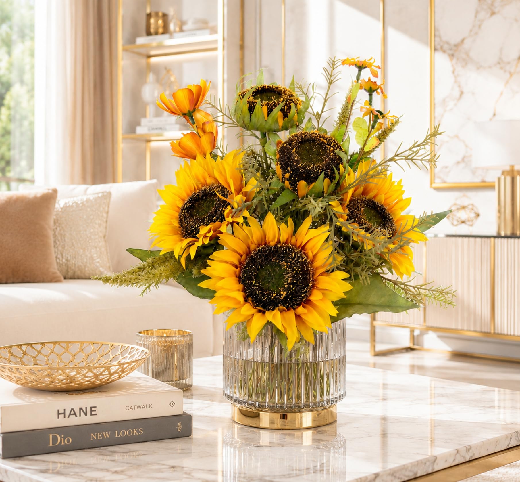 Kunstblumenstrauß Sonnenblumen 43 cm Strauß Blumensträuße Seidenblumen Kunstblumen Dekoblumen Bouquet Hochzeit Haus Herbstdeko Herbstblumen Sonnenblumenstrauß Mittelstück Tischdeko wie echt