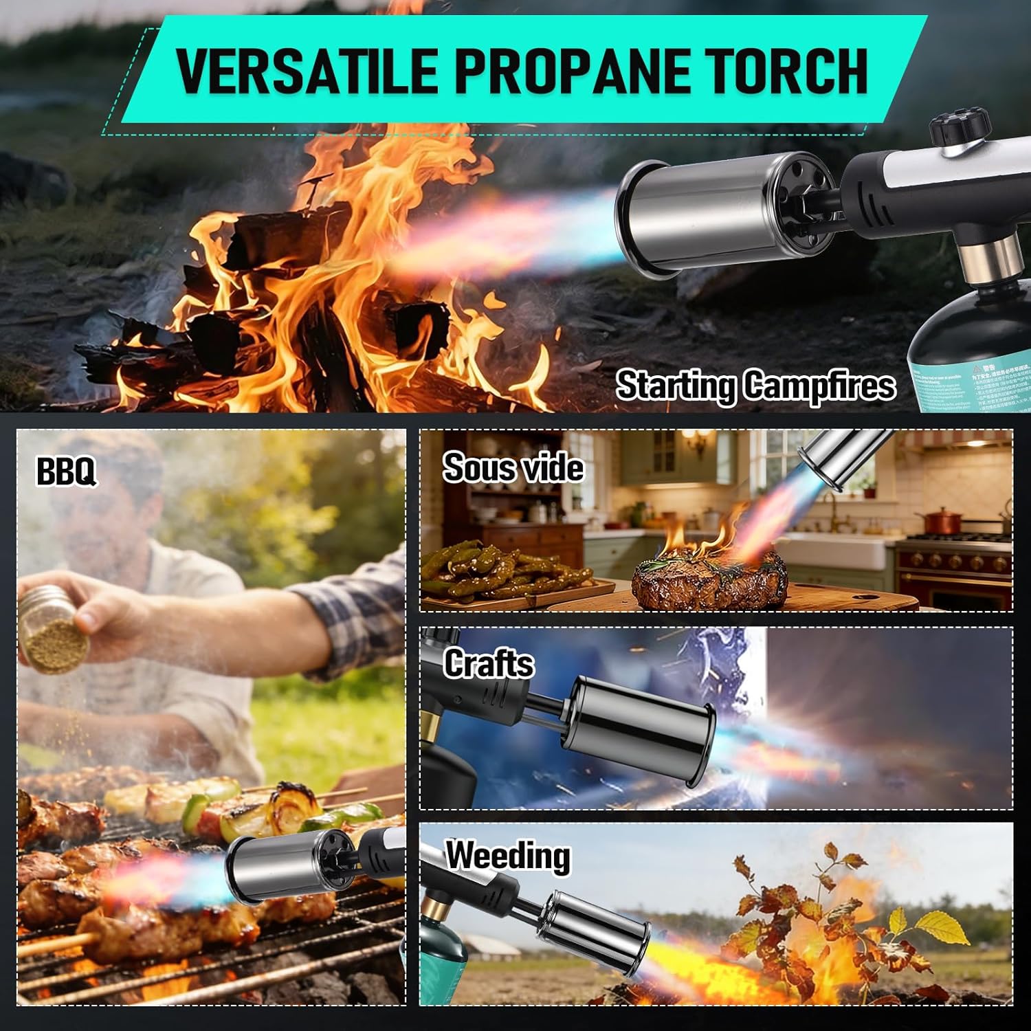 Propane Torch, Torch Lighter with Max Fire Trigger, Blow Torch Gun with Adjustable Flame & Safety Lock, Flame Thrower for Grill, Cooking, BBQ(Tank Not Included)