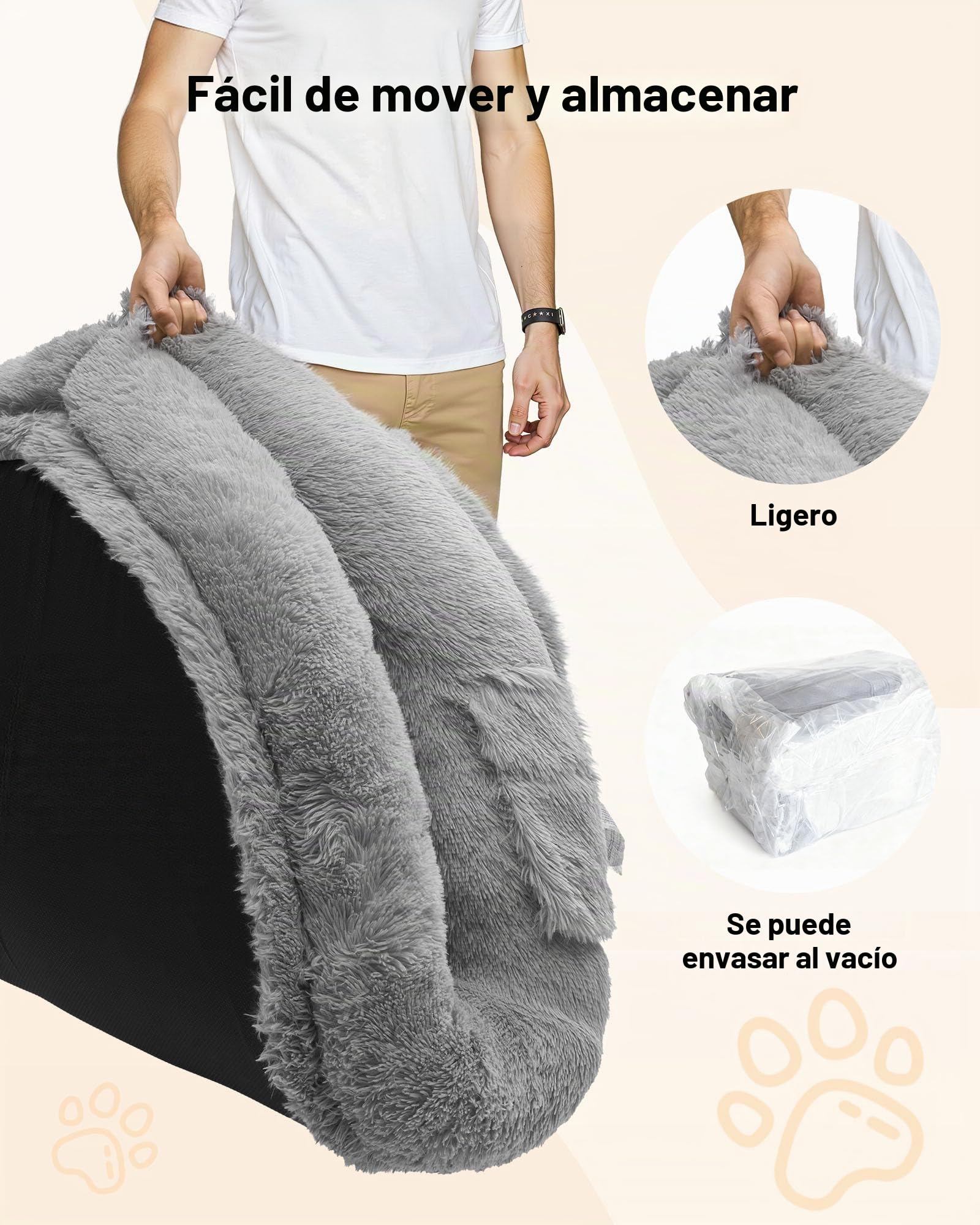 VEVOR Cama Acogedora para Perros, Diseño Ovalado, 174 x 118 x 24 cm, Espuma Viscoelástica, Tamaño Humano, con Bolsillo Lateral, Asa y Cremallera, Funda Extraíble y Lavable a Máquina, Gris Oscuro