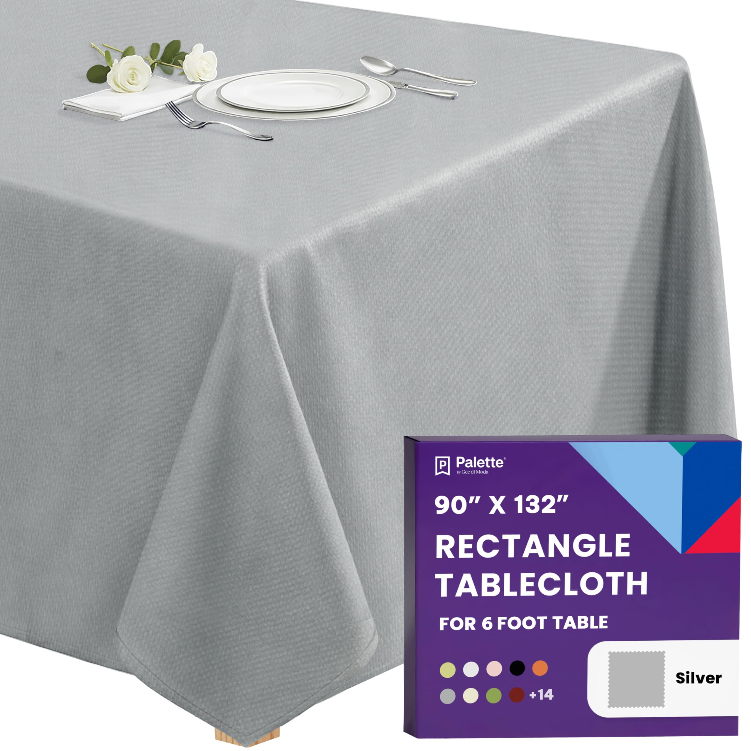 Gee Di Moda Rectangle Tablecloth - 90 x 132 Inch Silver Table Cloth for 6 Foot Tables with Floor-Length Drop - Heavy Duty Washable Fabric for Holiday Party, Dinner, Weddings &amp; Baby Shower