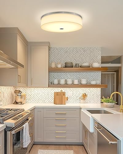 Miniatura 2 de LMS Modern Flush Mount Ceiling Light, 16" Large Light Fixtures Ceiling in Brushed Nickel, 2- Light Flush Mount Light Fixture with Drum White Acrylic