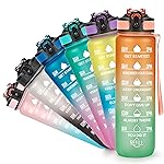 YC Kitchen Motivational Water Bottle with Time Marker - 32oz, Leak-proof BPA Free Sports Water Bottles with Straw & Carrying Strap