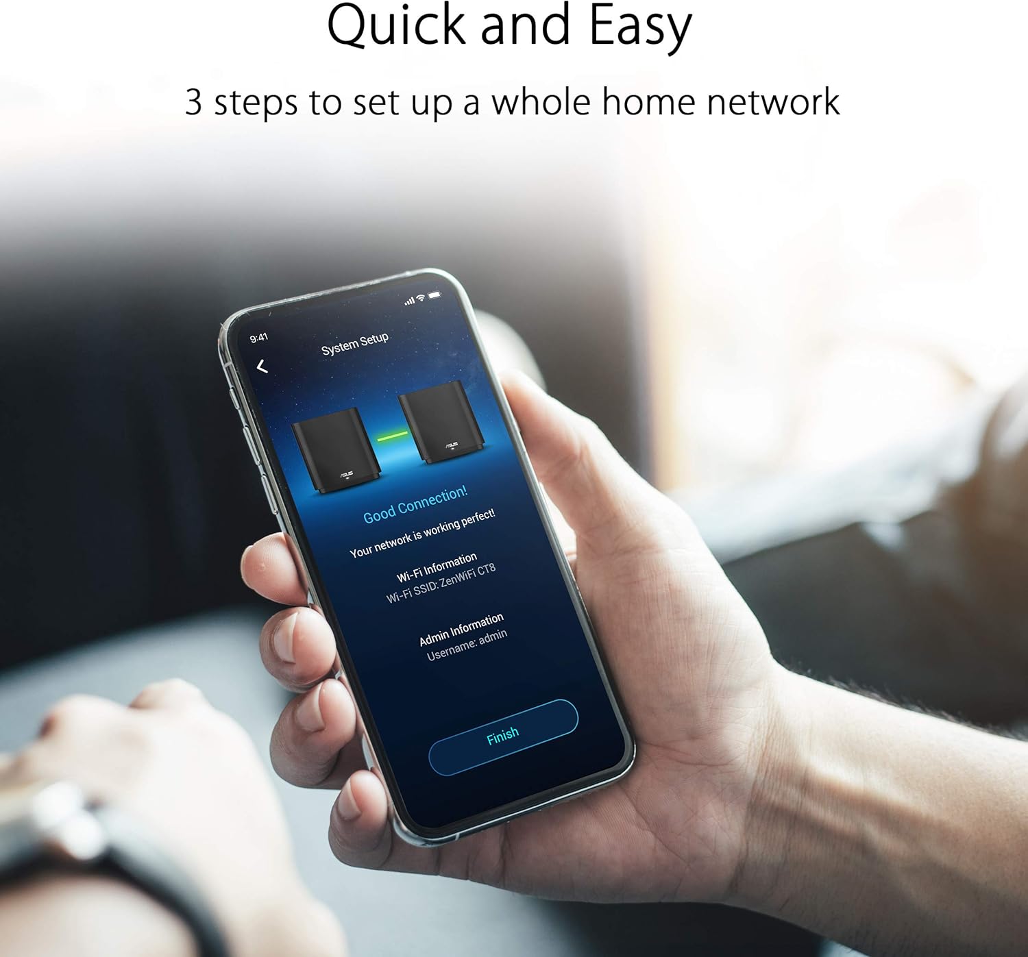 Smartphone screen displaying the ASUS Router App with a 'Good Connection!' message and two ZenWiFi units, indicating easy 3-step setup.