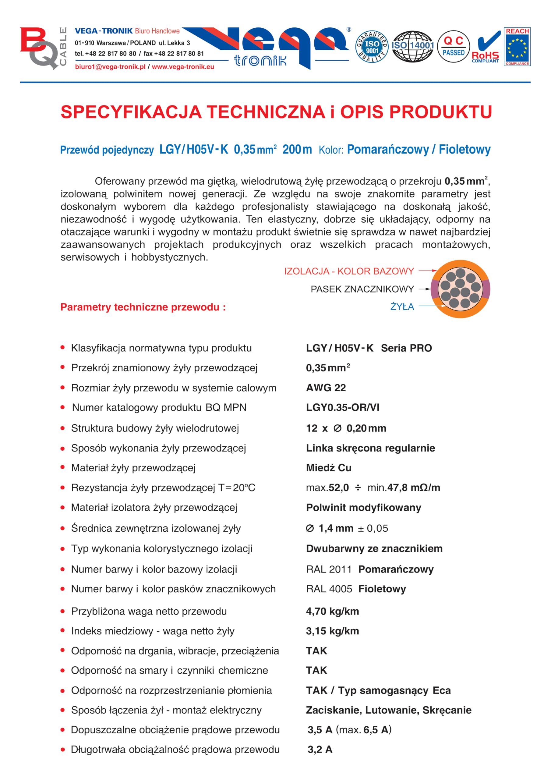 Przewód pojedynczy LGY/ H05V- K 0,35 mm2 200 m Kolor: pomarańczowy/fioletowy