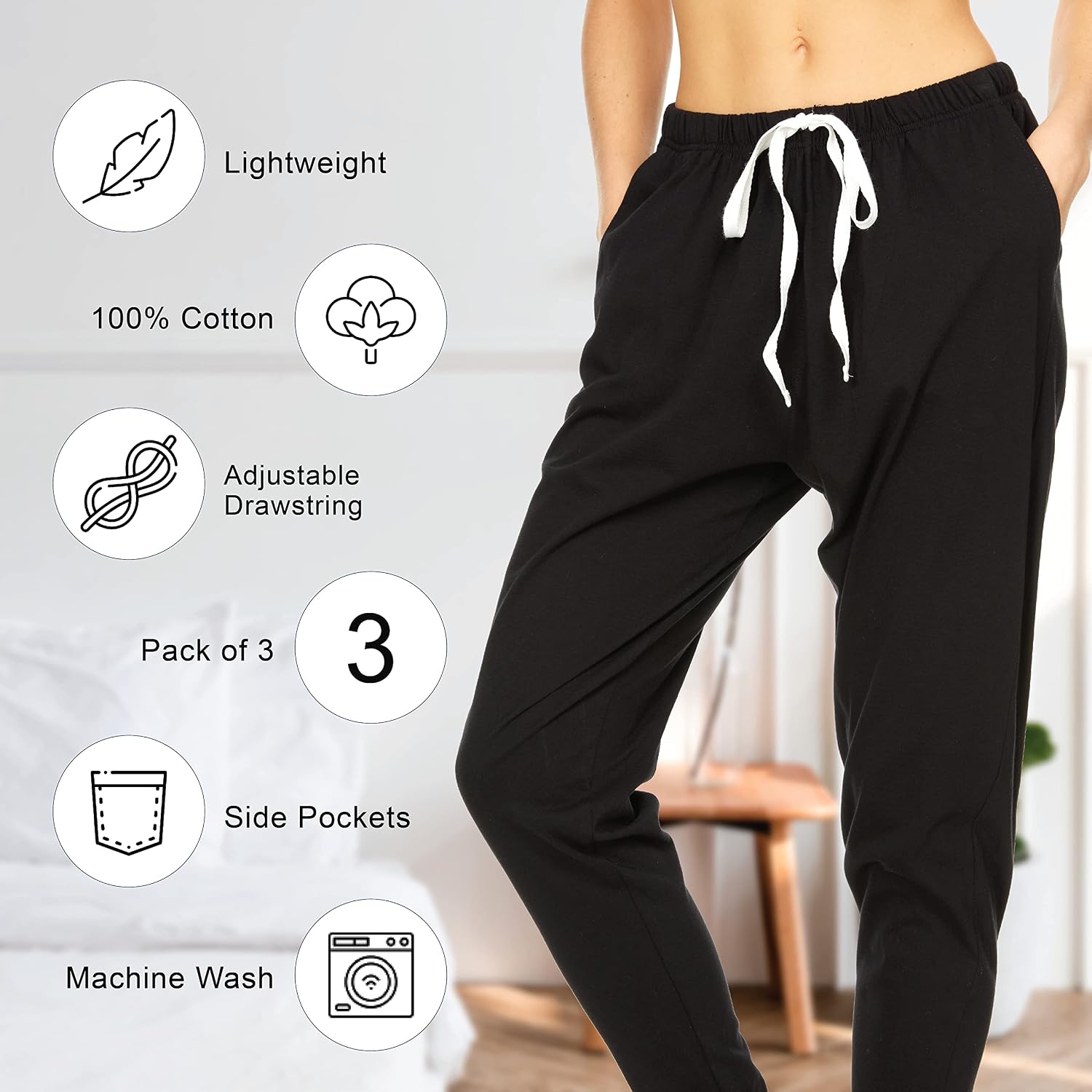 Essential Elements 3 Pack: Womens Cotton Joggers - 100% Cotton Lounge Athletic Casual Sleep Casual Pajama PJ Pants Sweatpants
