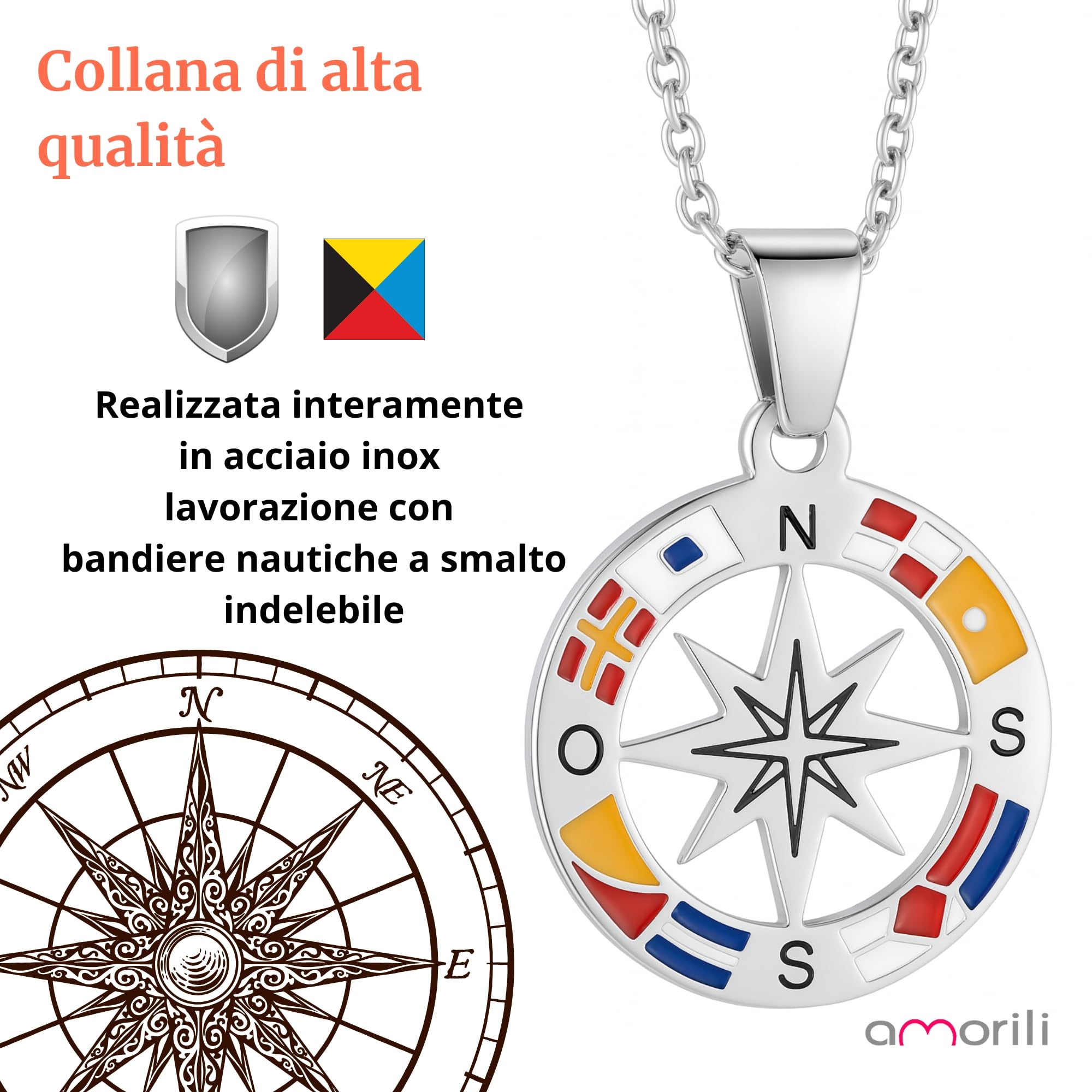 Collana Uomo Rosa dei Venti in Acciaio Inossidabile | Pendente Bussola Nautica | Catena Regolabile Fino a 50 cm | Gioiello Regalo Elegante Stile Marina Militare (f)